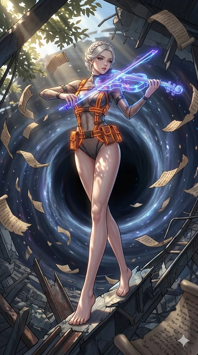 score_9, masterpiece, best quality, ultra-detailed, Set A: High-budget Anime Keyframe, Korean woman. Low angle cowboy shot filling the entire 9:16 frame with her statuesque presence. Theme: Urban Decay. playing a holographic violin in the edge of a b