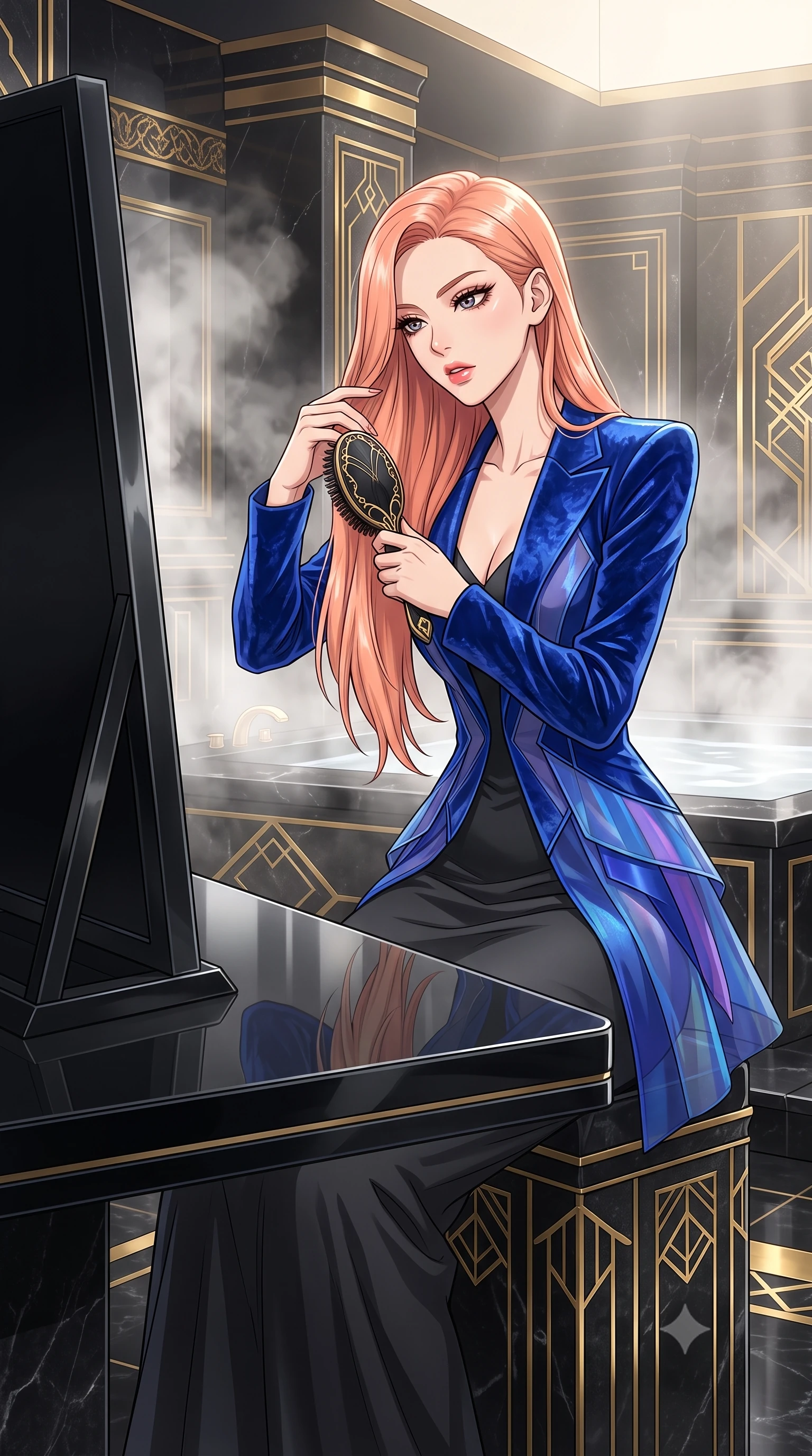 score_9, masterpiece, best quality, ultra-detailed, High-budget Anime Keyframe, East Asian woman. Dynamic full-body shot stretching the vertical silhouette to the limit. Scenario 412: brushing her hair while seated before a vanity of black glass in a steam-filled bathhouse built of black obsidian stone and gold accents. Her presence is magnetic and overpowering in this high-budget anime scene. Outfit 412: a slim-fit cobalt blue crushed velvet jacket featuring layered translucent panels over a sleek slip dress. The clothing is designed to emphasize her exceptionally tall and slender 8-heads proportion. 8-heads proportion, towering silhouette, ultra-slim waist. sharp v-shaped jawline, intricate jewel-like eyes with depth, thick eyelashes, glossy lips. 2k, ultra detail, master piece, 9:16 ratio