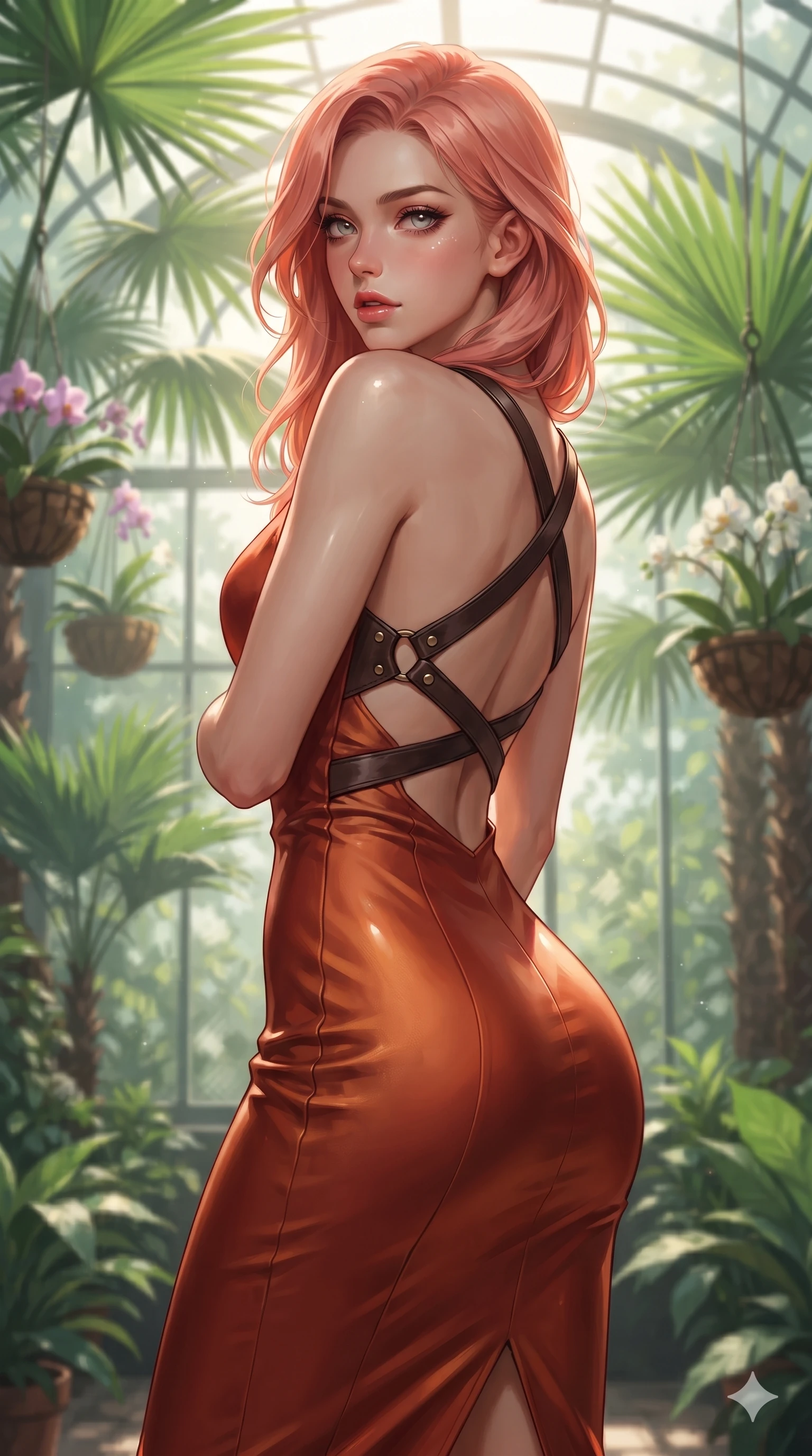score_9, masterpiece, best quality, ultra-detailed, high-budget anime keyframe, editorial fashion photography, tasteful artistic composition, Japanese woman. close-up cowboy shot from the waist and thighs up, the character dominates the composition, filling the frame with her large presence. twisting her slender torso in a deep contrapposto stance, hips dramatically shifted to accentuate her feminine curves while looking past her shoulder with smoldering bedroom-eyes while twisting her slender torso in an alluring contrapposto stance, dappled sunbeam patterns and emerald leaf reflections tracing her flat midriff and hourglass curves. The background shows a soft-focus towering exotic fan palms, hanging orchid baskets, and curved greenhouse glass trusses blurred into emerald, jade, and diamond bokeh. She has an exceptionally elegant, slender, and willowy female figure with an ultra-slim waist, flat toned midriff, narrow ribcage, and sculpted feminine hips creating an alluring, slim hourglass silhouette without bulk. sharp v-shaped jawline, high-bridge nose, intricate jewel-like sparkling eyes with depth, thick eyelashes, glossy parted lips with a natural sheen, intensely captivating and seductive bedroom-eyes expression, exuding both youthful cute charm and sovereign luxury allure, flawlessly proportioned anatomical accuracy, strict slender model proportions, natural body alignment, perfectly sculpted long slender limbs, ultra-slim waistline, clean dynamic posture without body distortion. wearing a glove-like stretch lambskin leather sheath dress accentuating her ultra-slim waistline without bulk in imperial vermilion silk and warm bronze, tailored from smooth liquid silk satin that clings smoothly to her narrow waist and rounded hips with a dewy sheen, featuring an open-back criss-cross harness strap in dark leather, the impeccably tailored cut draping gracefully along her slender figure with aristocratic poise. bathed in the radiant, sun-drenched greenhouse light filtering through textured glass panes creating high-contrast dappled highlights. ultra-reflective glossy finish, specular highlights, rich textural contrasts, high-contrast stereoscopic depth, volumetric dynamic lighting, 2k, ultra detail, master piece, 9:16 ratio