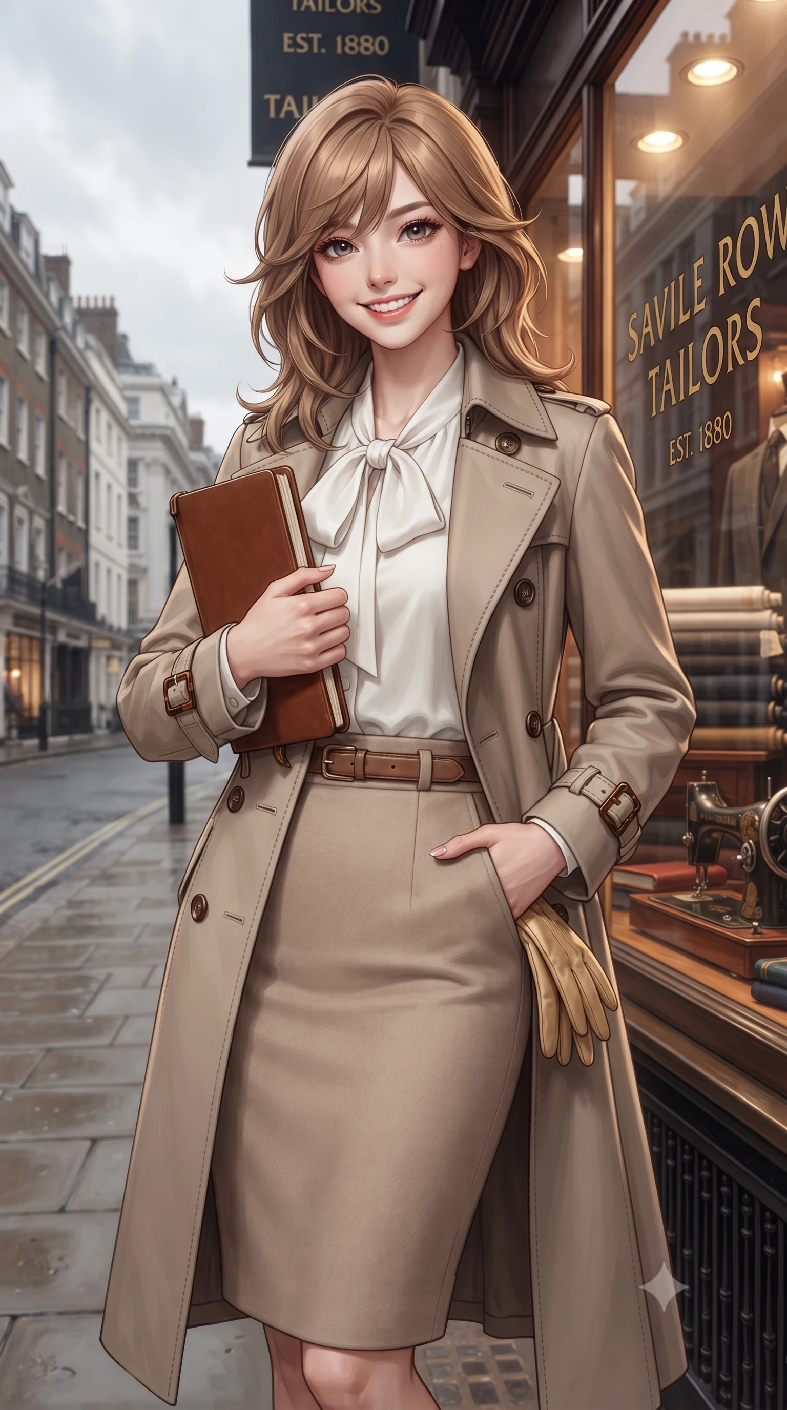 score_9, masterpiece, best quality, ultra-detailed, high-budget anime keyframe, editorial fashion photography, tasteful artistic composition, Korean woman. close-up cowboy shot from the waist and thighs up, the character dominates the composition, filling the frame with her large presence. holding a leather notebook close to her chest with both arms, smiling delightfully with youthful scholarly grace while pausing in front of the warm bay window of a heritage Savile Row tailor shop, one hand slipped gracefully into her tailored coat pocket. The surrounding environment is rendered in vivid detail and crisp panoramic clarity: detailed double-breasted trench coat stitching, tortoiseshell buckle accents, and Mayfair heritage streetscape in razor-sharp precision. She has an exceptionally elegant, slender, and willowy female figure with an ultra-slim waist, flat toned midriff, narrow ribcage, and sculpted feminine hips creating an alluring, slim hourglass silhouette without bulk. sharp v-shaped jawline, high-bridge nose, intricate jewel-like sparkling eyes with depth, thick eyelashes, glossy parted lips with a natural peach sheen, bright cheerful beaming smile with an enchanting and coquettish sensual glint, exuding both youthful cute charm and seductive allure, flawlessly proportioned anatomical accuracy, strict slender model proportions, natural body alignment, perfectly sculpted long slender limbs, ultra-slim waistline, clean dynamic posture without body distortion. wearing a fluid silk crepe pussy-bow blouse paired with a high-waisted tailored pencil midi skirt and slim leather belt in Swiss alpine snow white and oat cashmere, tailored from fine wool gabardine with crisp permanent pleats and sharp drape, complemented by buttery leather gloves held delicately in one manicured hand, the sharp shoulder tailoring and gently nipped waist framing her slender torso with pristine sartorial perfection. bathed in diffused London overcast sky light contrasted with warm incandescent shopfront display illumination. ultra-reflective glossy finish, specular highlights, rich textural contrasts, high-contrast stereoscopic depth, volumetric dynamic lighting, 2k, ultra detail, master piece, 9:16 ratio