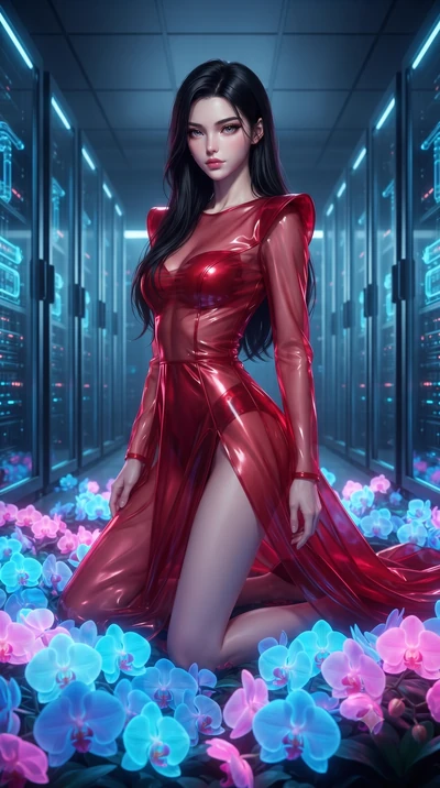 score_9, masterpiece, best quality, ultra-detailed, High-budget Anime Keyframe, editorial fashion photography, tasteful artistic composition, realistic cosplay photography, East Asian woman. Dynamic full-body shot stretching the vertical silhouette t