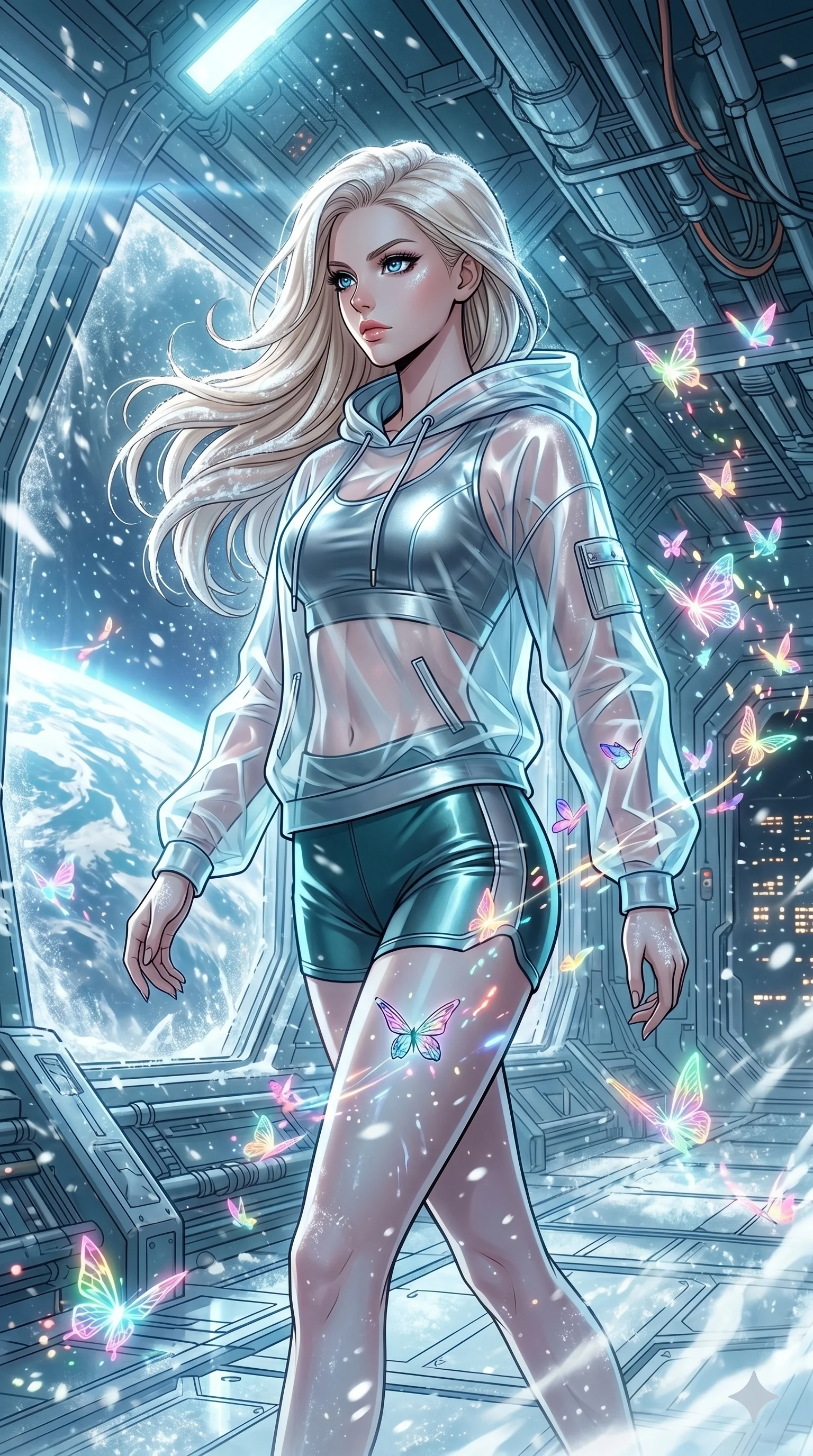 score_9, masterpiece, best quality, ultra-detailed, high-budget anime movie keyframe, cinematic anime lighting, intricate line art, Caucasian (strictly human ears) anime girl. Upper body filling screen focusing on her alluring features and slim-fit silhouette. walking through a blizzard in a futuristic orbital station surrounded by glowing butterflies. She has an absolutely perfect 8-heads proportion, an exceptionally tall and slender female figure with an ultra-slim waist and impossibly long slender legs. sharp v-shaped jawline, high-bridge nose, intricate jewel-like eyes, thick eyelashes, glossy lips. Wearing premium athleisure set with a metallic-finish compression top, high-cut yoga shorts that accentuate her long legs, and a sheer oversized hoodie. The scene is illuminated by dramatic atmospheric lighting and vibrant color palettes. 2k, ultra detail, master piece, 9:16 ratio