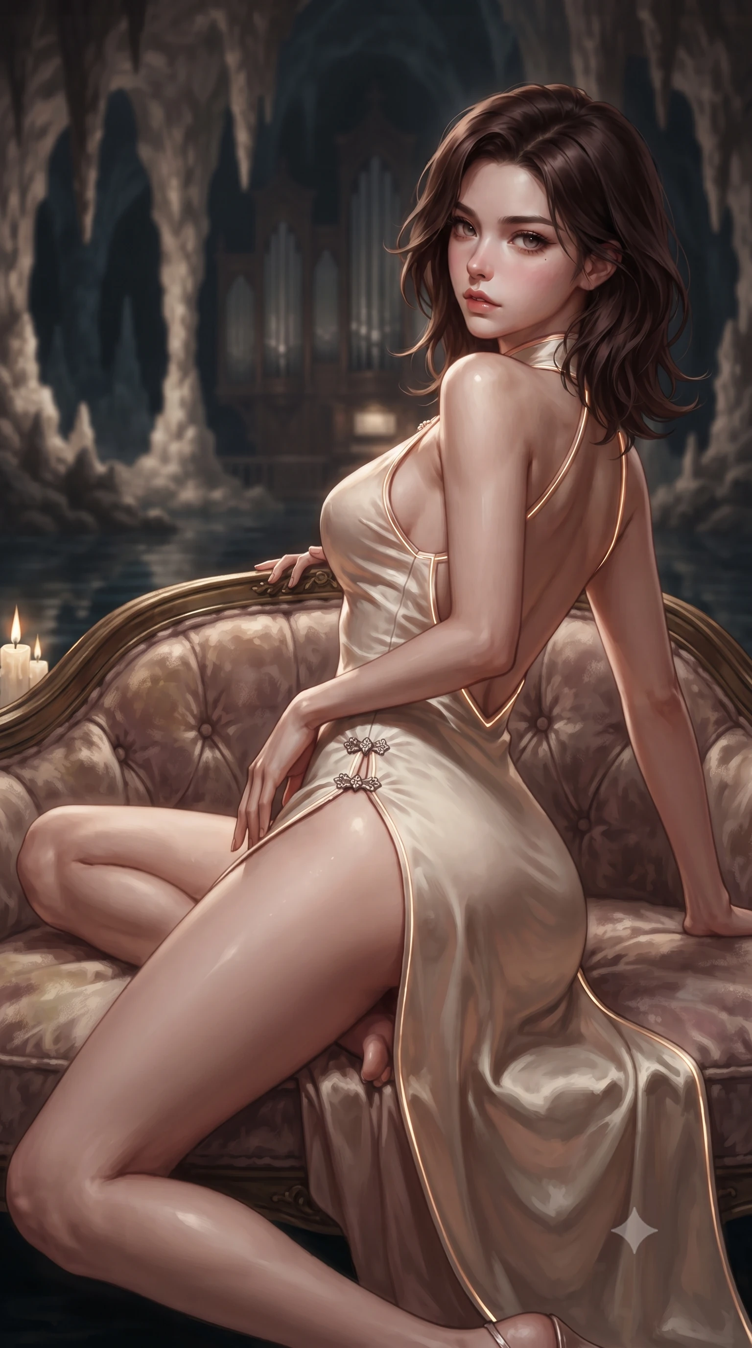 score_9, masterpiece, best quality, ultra-detailed, high-budget anime keyframe, editorial fashion photography, tasteful artistic composition, Korean woman. close-up cowboy shot from the waist and thighs up, the character dominates the composition, filling the frame with her large presence. arching her spine backward with effortless dancer poise, one hand sliding along her hip line as directional light carves specular highlights along her silhouette while reclining languidly on an antique velvet-lined skiff floating on the subterranean black lake, arching her spine with one knee bent as candlelight traces her curvy hips. The composition keeps background elements in soft focus with creamy bokeh. towering limestone stalactite arches and gothic pipe organ silhouettes softened in atmospheric shallow focus. She has an exceptionally elegant, slender, and willowy female figure with an ultra-slim waist, flat toned midriff, narrow ribcage, and sculpted feminine hips creating an alluring, slim hourglass silhouette without bulk. sharp v-shaped jawline, high-bridge nose, intricate jewel-like eyes with depth, thick eyelashes, glossy parted lips with a natural sheen, intensely captivating and seductive bedroom-eyes expression, flawlessly proportioned anatomical accuracy, strict slender model proportions, natural body alignment, perfectly sculpted long slender limbs, ultra-slim waistline, clean dynamic posture without body distortion. wearing a modernized cyber-qipao mini dress with an ultra-high side slit ascending to the hip and glowing piping in vintage champagne ivory and delicate rose gold, made of fluid silk crepe with delicate inner corsetry boning, finished with an ultra-high side slit secured by miniature jeweled clasps, the dramatically scooped open back descending to the base of her spine, accentuating her razor-sharp statuesque lines and slim hourglass silhouette. surrounded by an immortal, seductive, and dangerously mesmerizing underground opera queen aura. ultra-reflective glossy finish, specular highlights, rich textural contrasts, high-contrast stereoscopic depth, volumetric dynamic lighting, 2k, ultra detail, master piece, 9:16 ratio