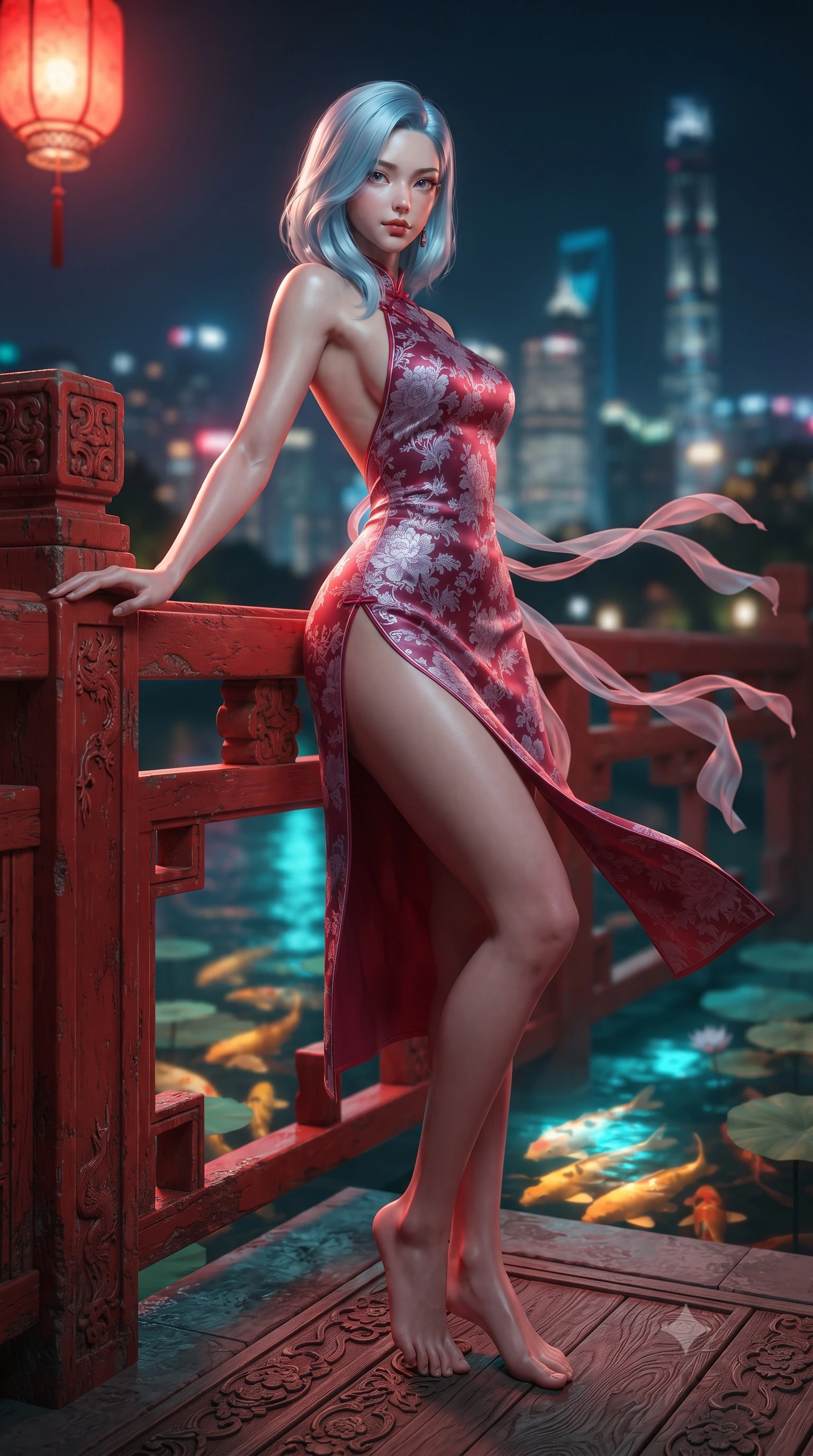 score_9, masterpiece, best quality, ultra-detailed, high-budget anime keyframe, editorial fashion photography, tasteful artistic composition, Korean woman. low angle full-body shot from head to toe showing her feet, filling the entire 9:16 vertical frame with her statuesque presence, stretching her vertical silhouette. standing in a tall, confident posture with one hand on the carved palace railing, stretching her statuesque body as she arches her lower back to emphasize her sculpted feminine hips and slender waist while leaning against the vermilion bridge balustrade with hips cocked back, casting an intoxicating bedroom-gaze over the illuminated koi pond. The background shows a soft-focus swimming golden koi fish beneath lotus pads and distant illuminated Shanghai skyscrapers softened in surreal fusion shallow focus. She has an absolutely perfect, statuesque 8.5-heads proportion, an exceptionally tall and slender model-like female figure with impossibly long slender legs, an ultra-slim waist, a flat toned midriff, narrow delicate ribcage, and beautifully sculpted feminine hips creating a graceful, slim hourglass silhouette without any bulky heaviness. sharp v-shaped jawline, high-bridge nose, intricate jewel-like dark sparkling almond eyes with depth, thick lashes, glossy parted lips with a natural rose-plum sheen, bright alluring and coquettish smile with bedroom-eyes, exuding both timeless oriental elegance and sovereign high-fashion allure, flawlessly proportioned anatomical accuracy, strict slender model proportions, natural body alignment, perfectly sculpted long slender limbs, ultra-slim waistline, clean dynamic posture without body distortion. wearing a backless crimson silk slip dress with oriental peony jacquard and a side hip slit ascending to the high waist in frosted lilac mist and pearlescent alabaster, tailored from smooth celadon raw silk with natural organic slub texture, accented with flowing gossamer silk ribbons that flutter dynamically in the evening breeze, the form-fitting tailored bodice adhering flawlessly to her sculpted flat midriff and slender torso, emphasizing her long leg lines and perfectly proportioned willowy build. bathed in vibrant red lantern warmth and cool electric cyan water reflections. ultra-reflective glossy finish, specular highlights, rich textural contrasts, high-contrast stereoscopic depth, volumetric dynamic lighting, 2k, ultra detail, master piece, 9:16 ratio