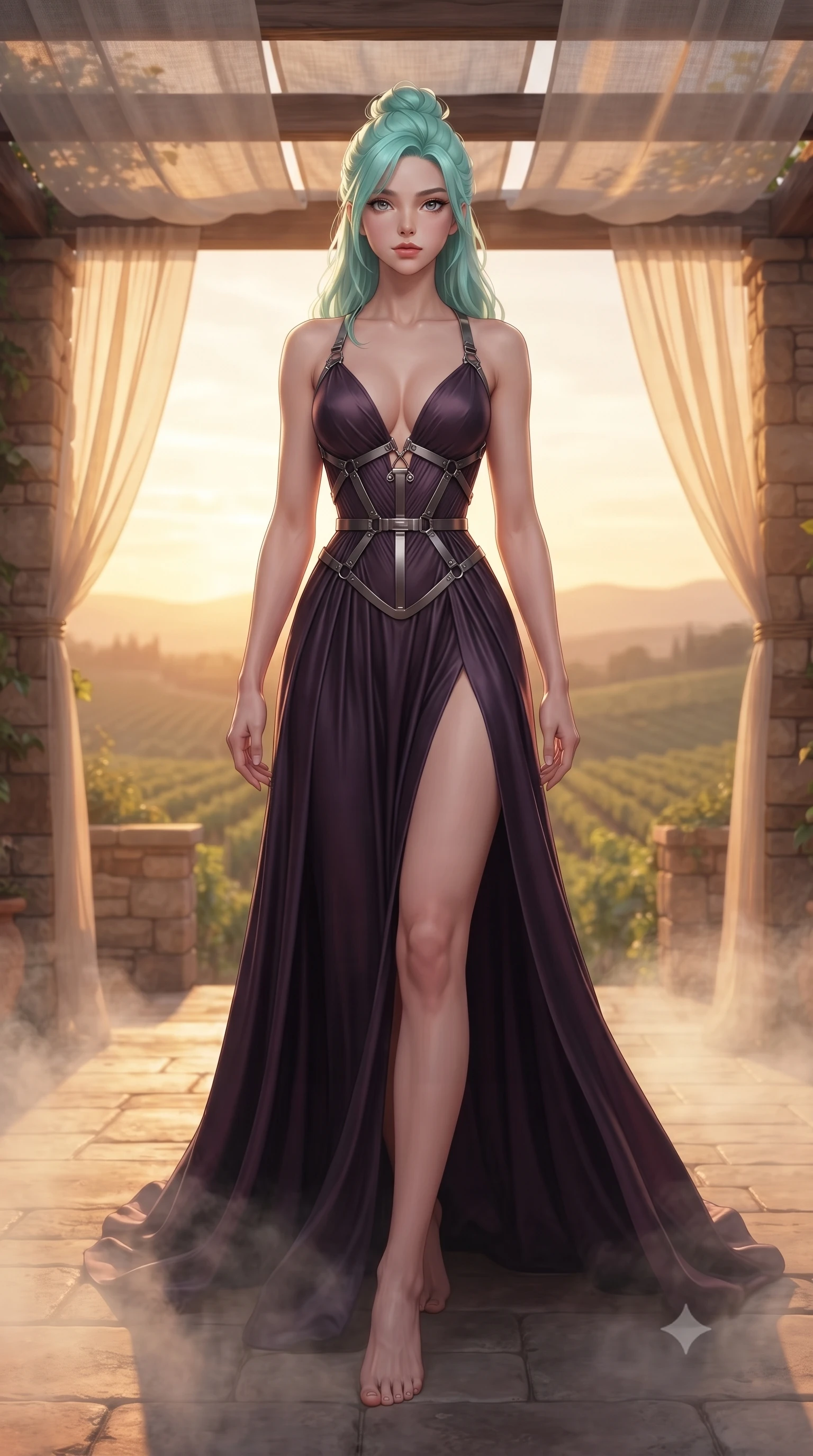 score_9, masterpiece, best quality, ultra-detailed, high-budget anime keyframe, editorial fashion photography, tasteful artistic composition, Japanese woman. low angle full-body shot from head to toe showing her feet, filling the entire 9:16 vertical frame with her statuesque presence, stretching her vertical silhouette. forging confidently through the floating mist, holding a poised statuesque stance, poised beneath a sheer linen pergola as golden-hour sunbeams flood the terrace, rolling vineyard hills fading into a warm hazy sunset horizon in soft focus. She has an absolutely perfect, statuesque 8.5-heads proportion, an exceptionally tall and slender model-like female figure with impossibly long slender legs and an ultra-slim waist. sharp v-shaped jawline, high-bridge nose, intricate jewel-like eyes with depth, thick eyelashes, glossy lips with a natural sheen. wearing low-cut gothic structured bodice gown with high leg slit in dark plum violet, made of liquid dark mercury jersey, highlighted by a gunmetal metallic harness structure, highlighting her statuesque proportions and ultra-slim waistline. illuminated by rich amber daylight and warm fill light from stone walls. highly saturated vibrant anime colors, detailed shading with soft gradients, rich glossy textures, high-contrast stereoscopic depth, volumetric dynamic lighting, master piece, 9:16 ratio