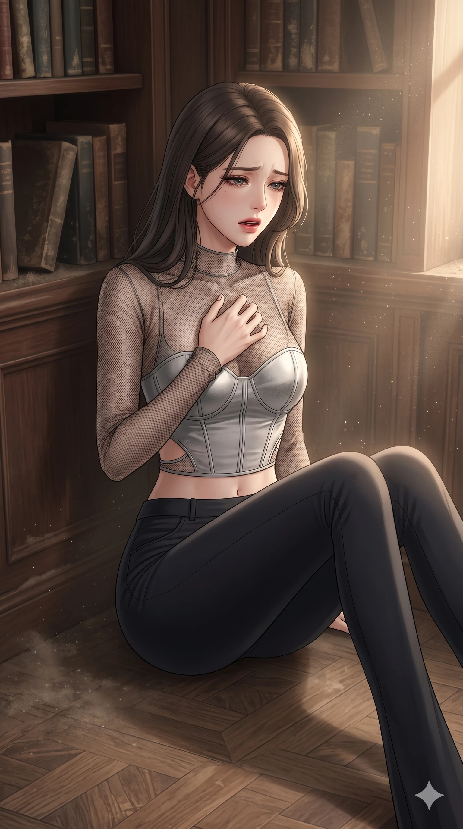 score_9, masterpiece, best quality, ultra-detailed, high-budget anime keyframe, editorial fashion photography, tasteful artistic composition, Korean woman. cowboy shot from the thighs up, character and outfit filling the frame for maximum editorial presence. clutching her chest with one hand, her lips slightly parted in a silent sob, looking down in deep despair sitting inside a dusty library corner with faded sunbeams and floating dust (Scenario Code S-34). She has an absolutely perfect 8-heads proportion, an exceptionally tall and slender female figure with impossibly long slender legs and an ultra-slim waist. V-shaped jawline, high-bridge nose, intricate jewel-like eyes with depth, thick eyelashes, glossy lips with a natural sheen. wearing a skin-tight sheer mesh crop top over a structured silver bodice with delicate side cutouts. drenched in a soft golden hour light that contrast with her mournful, sad expression. 2k, ultra detail, master piece, 9:16 ratio
