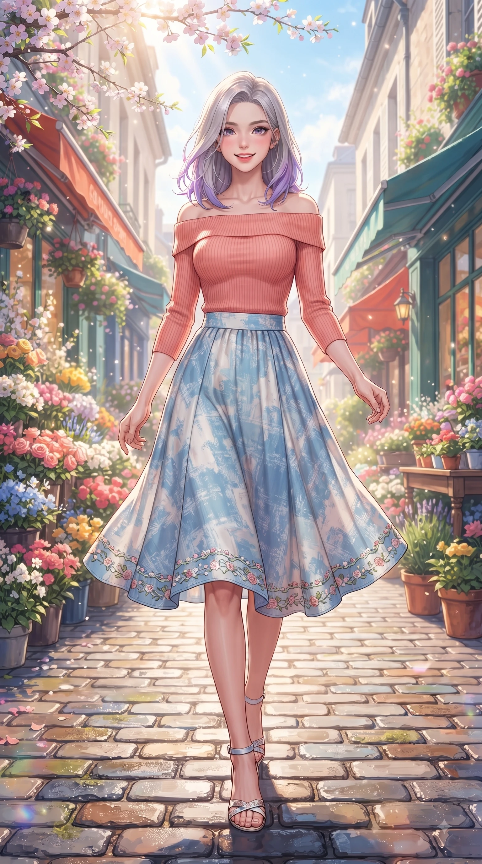 score_9, masterpiece, best quality, ultra-detailed, high-budget anime keyframe, editorial fashion photography, tasteful artistic composition, Caucasian woman. low angle full-body shot from head to toe showing her feet, filling the entire 9:16 vertical frame with her statuesque presence, stretching her vertical silhouette. stepping forward gracefully in mid-motion with a delighted cute expression, displaying her statuesque model proportions while walking dynamically down a cobblestone European-style street lined with blooming spring flower shops. The surrounding environment is rendered in vivid detail and crisp panoramic clarity. vibrant European-style flower boutiques, cobblestone paths, and detailed outdoor cafe seating under clear morning sun. She has an absolutely perfect, statuesque 8.5-heads proportion, an exceptionally tall and slender model-like female figure with impossibly long slender legs and an ultra-slim waist. sharp v-shaped jawline, high-bridge nose, intricate jewel-like eyes with depth, thick eyelashes, glossy lips with a natural sheen, flawlessly proportioned anatomical accuracy, natural body alignment, perfectly sculpted elegant limbs, clean dynamic posture without body distortion. wearing a soft coral off-shoulder ribbed knit top paired with a flowy white A-line midi skirt in baby blue and cloud white, made of comfortable premium stretch denim and soft jersey, complemented by delicate embroidered floral trim along the hem, the tailored casual silhouette highlighting her fresh and youthful presence. illuminated by gentle sunbeams streaming through blooming flower branches. ultra-reflective glossy finish, specular highlights, metallic sheen, high-contrast stereoscopic depth, volumetric dynamic lighting, 2k, ultra detail, master piece, 9:16 ratio