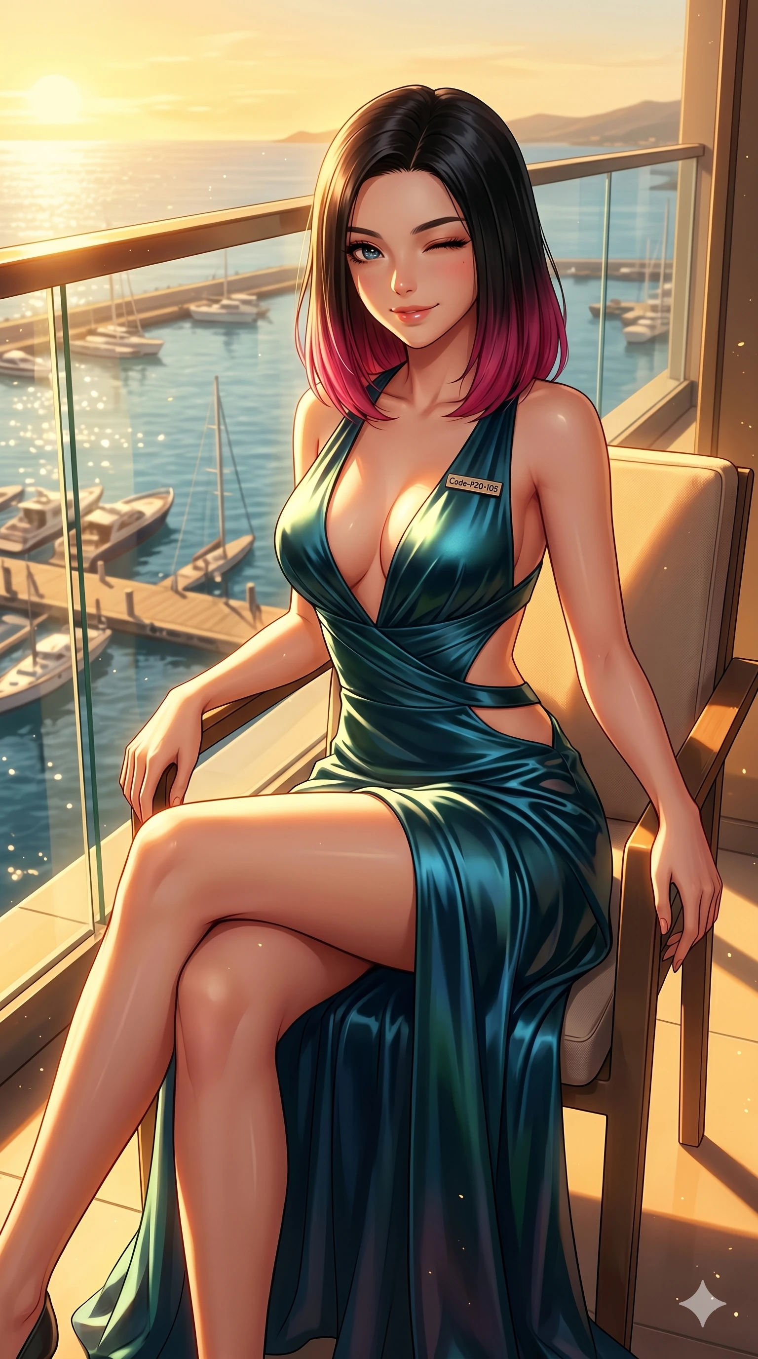 score_9, masterpiece, best quality, ultra-detailed, high-budget anime keyframe, vibrant anime aesthetic, Korean woman. cowboy shot from the thighs up, character and outfit filling the frame for maximum presence. She is sitting in a sunlit chair, winking with a cheerful and sensual half-smile on a glass-walled balcony showing a sunny harbor (Code-P20-105). She has an absolutely perfect 8-heads proportion, an exceptionally tall and slender female figure with impossibly long slender legs and an ultra-slim waist. V-shaped jawline, high-bridge nose, intricate jewel-like eyes with depth, thick eyelashes, glossy lips with a natural sheen. wearing a plunging neckline dress with side cutouts in satin. She is bathed in warm golden hour sunset light, casting long shadows across her form. 2k, ultra detail, master piece, 9:16 ratio