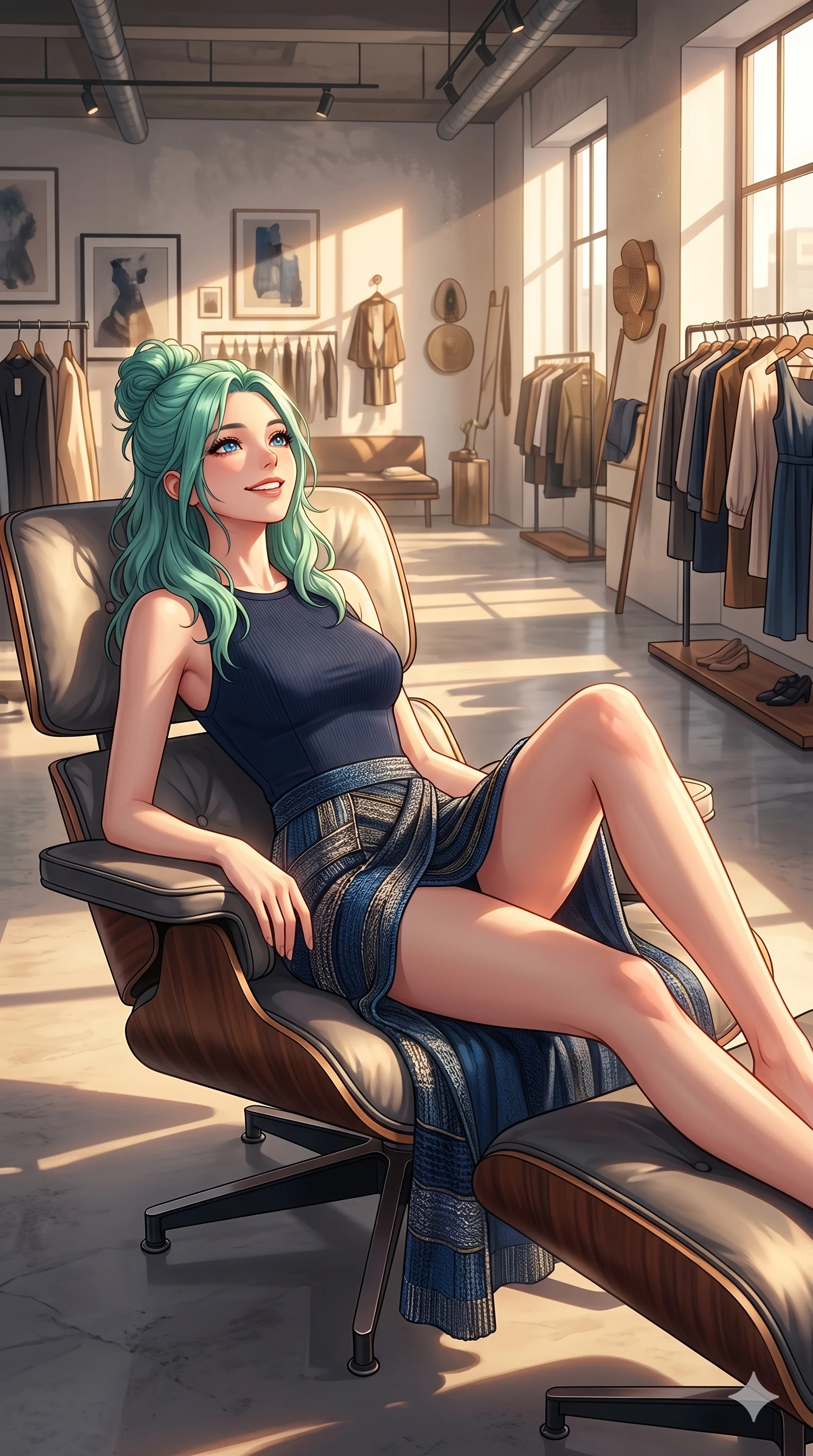 score_9, masterpiece, best quality, ultra-detailed, high-budget anime keyframe, vibrant anime aesthetic, Japanese woman. cowboy shot from the thighs up, character and outfit filling the frame for maximum presence. She is leaning back on a lounge chair with a delightful smile, looking up happily standing in a modern high-fashion boutique in the sun (Code-P20-083). She has an absolutely perfect 8-heads proportion, an exceptionally tall and slender female figure with impossibly long slender legs and an ultra-slim waist. V-shaped jawline, high-bridge nose, intricate jewel-like eyes with depth, thick eyelashes, glossy lips with a natural sheen. wearing a bodycon leotard with a high-slit wrap skirt in active-knit. She is bathed in soft, radiant golden hour sun casting long, elegant shadows around her. 2k, ultra detail, master piece, 9:16 ratio