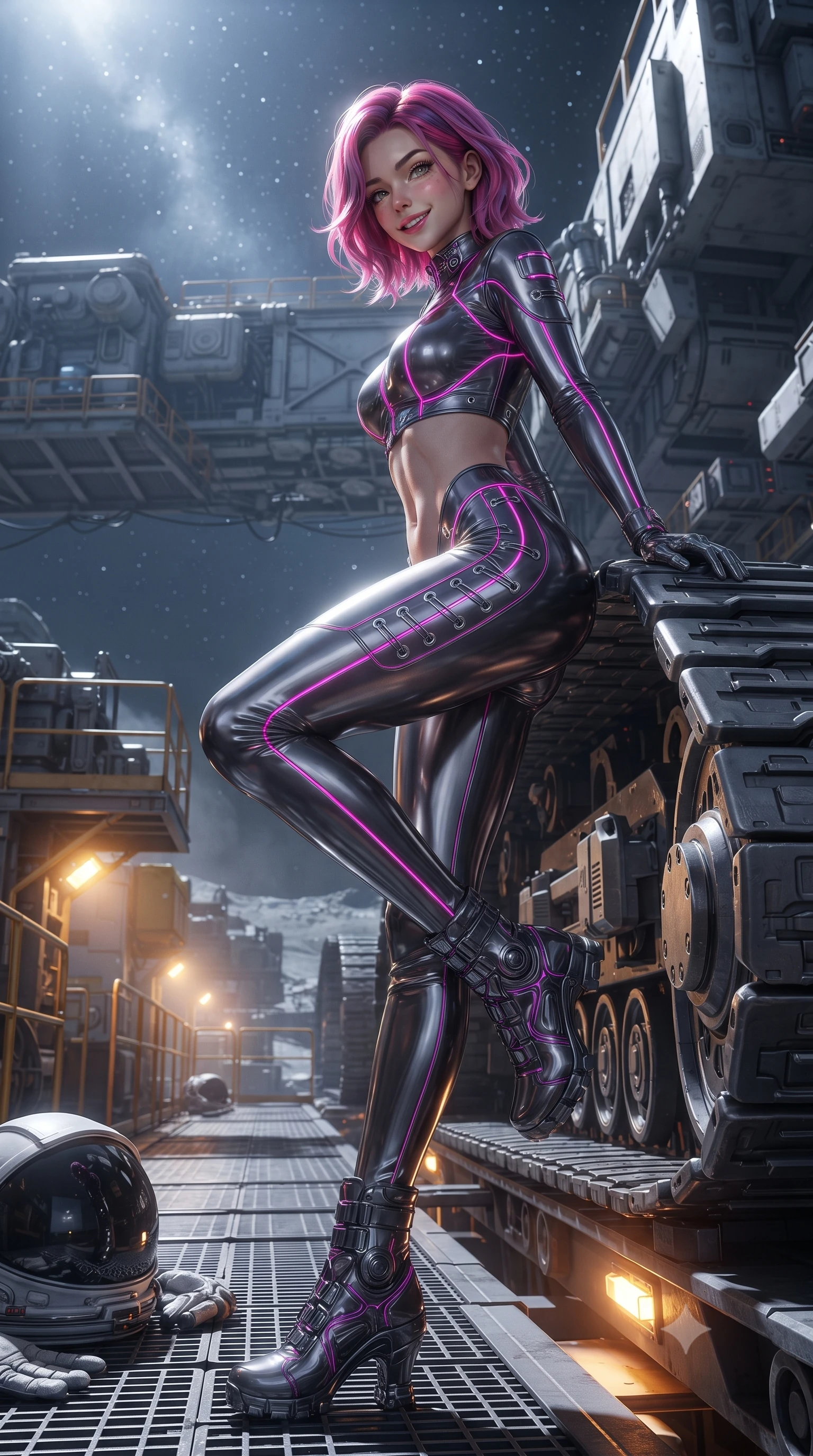 score_9, masterpiece, best quality, ultra-detailed, high-budget anime keyframe, editorial fashion photography, tasteful artistic composition, Caucasian woman. low angle full-body shot from head to toe showing her feet, filling the entire 9:16 vertical frame with her statuesque presence, stretching her vertical silhouette. sitting perched on the elevated maintenance gantry edge with legs crossed and hips angled toward the camera, displaying her toned midriff and long slender limbs with joyful, coquettish charm while leaning against the titanium crawler track with hips cocked back, looking over her shoulder with an enchanting, fearless smile. The surrounding environment is rendered in vivid detail and crisp panoramic clarity: detailed spacesuit fabric texture, cosmic highlights on helmet collar, and lunar mining rig architecture in razor-sharp clarity. She has an absolutely perfect, statuesque 8.5-heads proportion, an exceptionally tall and slender model-like female figure with impossibly long slender legs, an ultra-slim waist, a flat toned midriff, narrow delicate ribcage, and beautifully sculpted feminine hips creating a graceful, slim hourglass silhouette without any bulky heaviness. sharp v-shaped jawline, high-bridge nose, intricate jewel-like sparkling eyes with depth, thick eyelashes, glossy parted lips with a natural sheen, bright confident smile with an enchanting and coquettish sensual glint, exuding both youthful magnetic charm and sovereign high-tech allure, flawlessly proportioned anatomical accuracy, strict slender model proportions, natural body alignment, perfectly sculpted long slender limbs, ultra-slim waistline, clean dynamic posture without body distortion. wearing a translucent high-gloss polymer flight suit with internal luminescent wire filigree and tailored waist cinching in deep titanium gunmetal and radiant magenta neon, tailored from ultra-reflective glossy liquid vinyl with mirror-like specular highlights, finished with sharp laser-cut side ventilation slits framed by silver hardware rings, the form-fitting tactical tailoring adhering flawlessly to her sculpted flat midriff and slender torso, emphasizing her long leg lines and perfectly proportioned willowy build. bathed in brilliant cold silver starlight from above and warm industrial sodium work-lights from below. ultra-reflective glossy finish, specular highlights, rich textural contrasts, high-contrast stereoscopic depth, volumetric dynamic lighting, 2k, ultra detail, master piece, 9:16 ratio