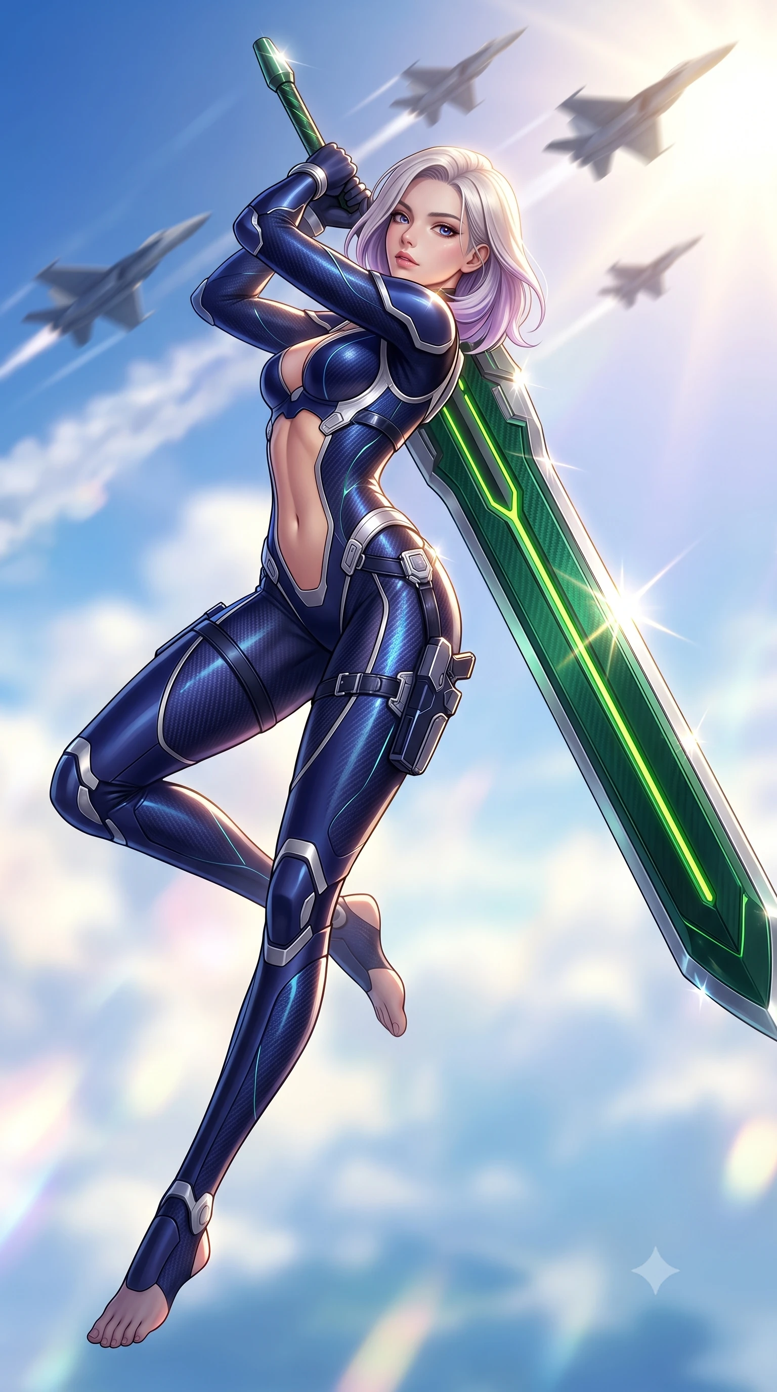 score_9, masterpiece, best quality, ultra-detailed, high-budget anime keyframe, semi-realistic 3D game render, editorial fashion photography, tasteful artistic composition, Caucasian woman. low angle full-body shot from head to toe showing her feet, filling the entire 9:16 vertical frame with her statuesque presence, stretching her vertical silhouette. arching her spine in a fluid zero-gravity combat turn with sovereign grace, her long slender legs and sculpted torso creating a sweeping line of power while arching her back in fluid poise as supersonic jet fighters streak overhead through brilliant high-altitude sunlight. The composition keeps background elements in soft focus with creamy bokeh. glistening nano-crystal blade facets scattering bright sun glints across a breathtaking sky backdrop. She has an absolutely perfect, statuesque 8.5-heads proportion, an exceptionally tall and slender model-like female figure with impossibly long slender legs, a toned flat midriff, and an ultra-slim waist. sharp v-shaped jawline, high-bridge nose, intricate jewel-like eyes with depth, thick eyelashes, glossy lips with a natural sheen, flawlessly proportioned anatomical accuracy, strict slender model proportions, natural body alignment, perfectly sculpted long slender limbs, ultra-slim waistline, clean dynamic posture without body distortion. wearing a statuesque midnight cobalt carbon-fiber armor-suit with platinum trim and an ultra-slim waistline, resting a massive sleek high-frequency anti-material greatsword across her shoulder in emerald green carbon composite with glowing lime laser channels, crafted from semi-translucent cybernetic carbon-vinyl interwoven with glowing micro-filaments, detailed with magnetic weapon holsters and polished chrome connection clasps, the liquid-tight tailored fabric emphasizing every curve of her tall, slender model proportions and sculptured silhouette during dynamic movement. bathed in dazzling high-noon sunlight and rich sky-blue ambient bounce light. rich saturated anime colors with glowing neon highlights, detailed shading with soft gradients, rich glossy textures, high-contrast stereoscopic depth, volumetric dynamic lighting, master piece, 9:16 ratio