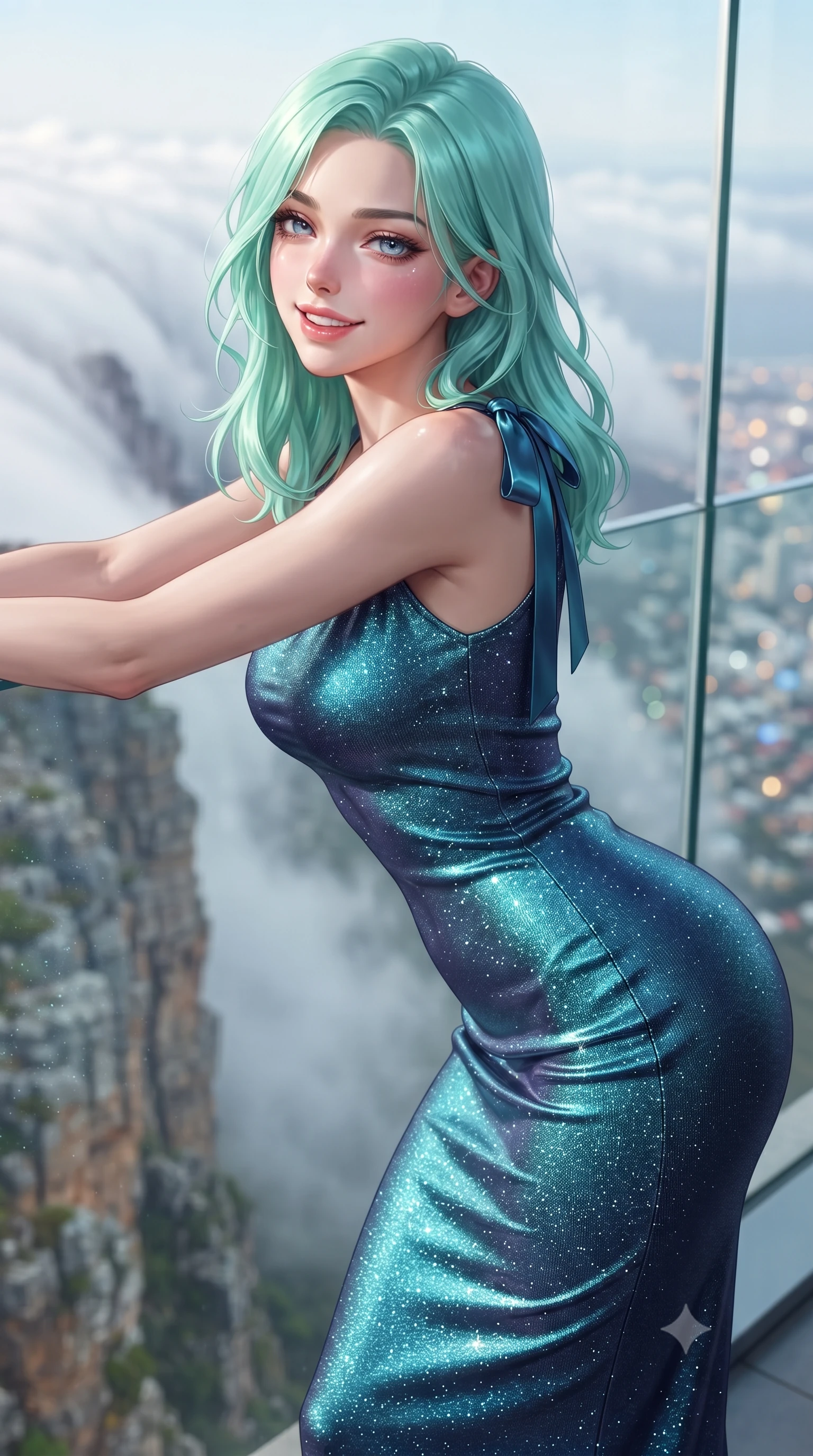 score_9, masterpiece, best quality, ultra-detailed, high-budget anime keyframe, editorial fashion photography, tasteful artistic composition, Japanese woman. close-up cowboy shot from the waist and thighs up, the character dominates the composition, filling the frame with her large presence. leaning forward while arching her lower back to accentuate her curvy hips, looking into the camera with an intoxicating smoldering gaze and bedroom-eyes while leaning against the frameless structural glass wall with hips cocked back, looking out where the Atlantic and Indian Oceans meet with heavy-lidded bedroom-eyes. The background shows a soft-focus billowing white cloud mist cascading over vertical sandstone cliffs, distant city light grid of Cape Town, blurred into silver, amber, and sapphire bokeh. She has an exceptionally elegant, slender, and willowy female figure with an ultra-slim waist, flat toned midriff, narrow ribcage, and sculpted feminine hips creating an alluring, slim hourglass silhouette without bulk. sharp v-shaped jawline, high-bridge nose, intricate jewel-like sparkling eyes with depth, thick eyelashes, glossy parted lips with a natural peach sheen, bright cheerful beaming smile with an enchanting and coquettish sensual glint, exuding both youthful cute charm and seductive allure, flawlessly proportioned anatomical accuracy, strict slender model proportions, natural body alignment, perfectly sculpted long slender limbs, ultra-slim waistline, clean dynamic posture without body distortion. wearing a body-contouring metallic lurex knit column dress casting radiant starlight shimmer across her flat midriff and curves in Maldivian bioluminescent electric cyan and midnight indigo, crafted from fluid liquid silk satin that clings smoothly to her narrow waist and rounded hips with a dewy sheen, finished with satin ribbon ties at the shoulders fluttering in the gentle breeze, the glove-like clinging cut tightly following the natural contour of her hips and long slender legs with youthful 8.5-heads elegance. illuminated by glass reflection bounce and sharp platinum-gold rim lights sculpting her razor-sharp jawline, narrow waist, and curvy hips. ultra-reflective glossy finish, specular highlights, rich textural contrasts, high-contrast stereoscopic depth, volumetric dynamic lighting, 2k, ultra detail, master piece, 9:16 ratio