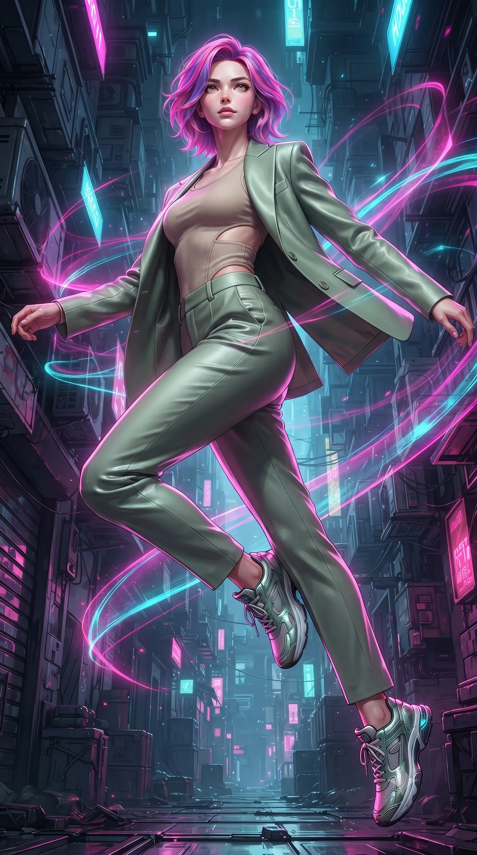 score_9, masterpiece, best quality, ultra-detailed, high-budget anime keyframe, editorial fashion photography, tasteful artistic composition, Caucasian woman. low angle full-body shot from head to toe showing her feet, filling the entire 9:16 vertical frame with her statuesque presence, stretching her vertical silhouette. performing an athletic mid-air rotation with flawless poise, her vertical silhouette beautifully stretched while forging forward through a cybernetic alleyway as holographic wind swirls around her, fluttering lightweight attire catching the high-altitude urban wind. She has an absolutely perfect, statuesque 8.5-heads proportion, an exceptionally tall and slender model-like female figure with impossibly long slender legs and an ultra-slim waist. sharp v-shaped jawline, high-bridge nose, intricate jewel-like eyes with depth, thick eyelashes, glossy lips with a natural sheen, flawlessly proportioned anatomical accuracy, natural body alignment, perfectly sculpted elegant limbs, clean dynamic posture without body distortion. wearing a tailored silk blazer over a form-contouring scoop-neck top and slacks in sage green and oatmeal, formed from sleek second-skin neoprene, featuring clean architectural cutouts along her slender torso, the elegant draped fit framing her graceful clavicle and slender torso. drenched in intense neon magenta and cyan rim light with dark urban contrast. ultra-reflective glossy finish, specular highlights, metallic sheen, high-contrast stereoscopic depth, volumetric dynamic lighting, 2k, ultra detail, master piece, 9:16 ratio