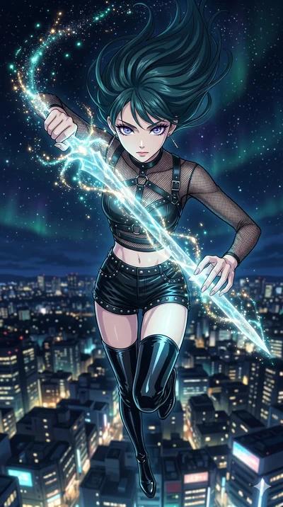 score_9, masterpiece, best quality, ultra-detailed, high-budget anime movie keyframe, cinematic anime lighting, intricate line art, Japanese anime girl. Extreme high angle shot as she leaps towards the camera, filling the frame. drawing stardust from
