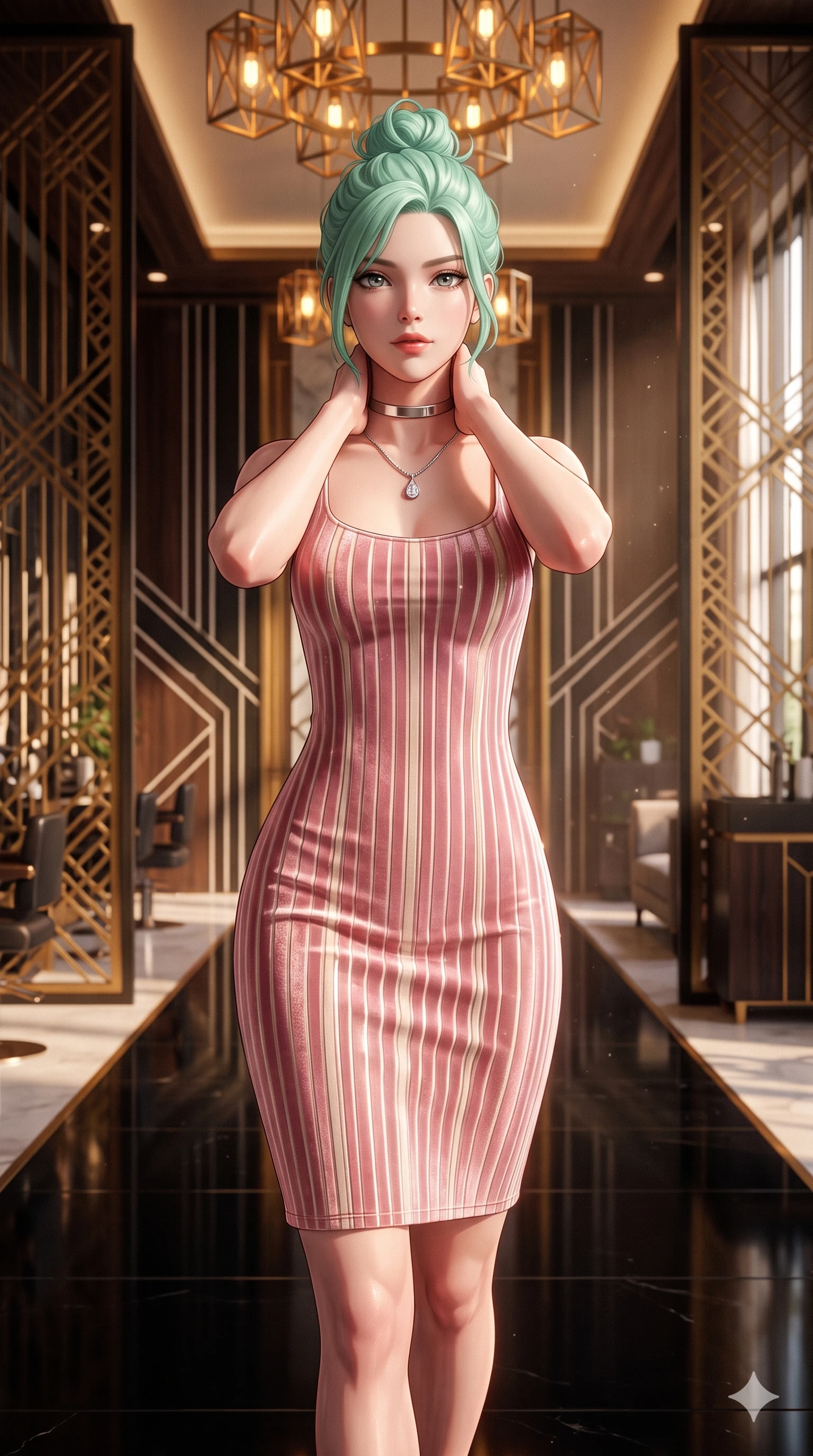 score_9, masterpiece, best quality, ultra-detailed, high-budget anime keyframe, semi-realistic 3D game render, editorial fashion photography, tasteful artistic composition, Japanese woman. close-up cowboy shot from the waist and thighs up, the character dominates the composition, filling the frame with her large presence. resting both hands lightly behind her neck with elbows raised, arching her spine to highlight her narrow waist, flat midriff, and breathtaking collarbones while walking slowly down the polished black lacquer salon aisle with hypnotic grace, hips swaying in an alluring sensual rhythm that accentuates her curvy hourglass silhouette. The surrounding environment is rendered in vivid detail and crisp panoramic clarity: sharp laser-cut brass screen filigree, crisp geometric inlay lines on furniture, and embroidered silk crest textures in deep focus. She has an exceptionally elegant, slender, and willowy female figure with an ultra-slim waist, flat toned midriff, narrow ribcage, and sculpted feminine hips creating an alluring, slim hourglass silhouette without bulk. sharp v-shaped jawline, high-bridge nose, intricate jewel-like sparkling eyes with depth, thick eyelashes, glossy parted lips with a natural sheen, intensely captivating and seductive bedroom-eyes expression, exuding both youthful cute charm and sovereign luxury allure, flawlessly proportioned anatomical accuracy, strict slender model proportions, natural body alignment, perfectly sculpted long slender limbs, ultra-slim waistline, clean dynamic posture without body distortion. wearing a tailored liquid velvet bodycon dress with metallic fiber pinstripes following her statuesque 8.5-heads silhouette in sakura blossom pink and warm ivory, crafted from luxurious metallic lamé that shifts radiance with every step, finished with a minimalist chrome choker and a single teardrop diamond pendant, the glove-like clinging cut tightly following the natural contour of her hips and long slender legs with youthful 8.5-heads elegance. bathed in the majestic, warm 2600K amber glow of geometric brass chandeliers filtering through filigree screens creating dramatic shadow lattices. highly saturated vibrant anime colors, detailed shading with soft gradients, rich glossy textures, high-contrast stereoscopic depth, volumetric dynamic lighting, master piece, 9:16 ratio