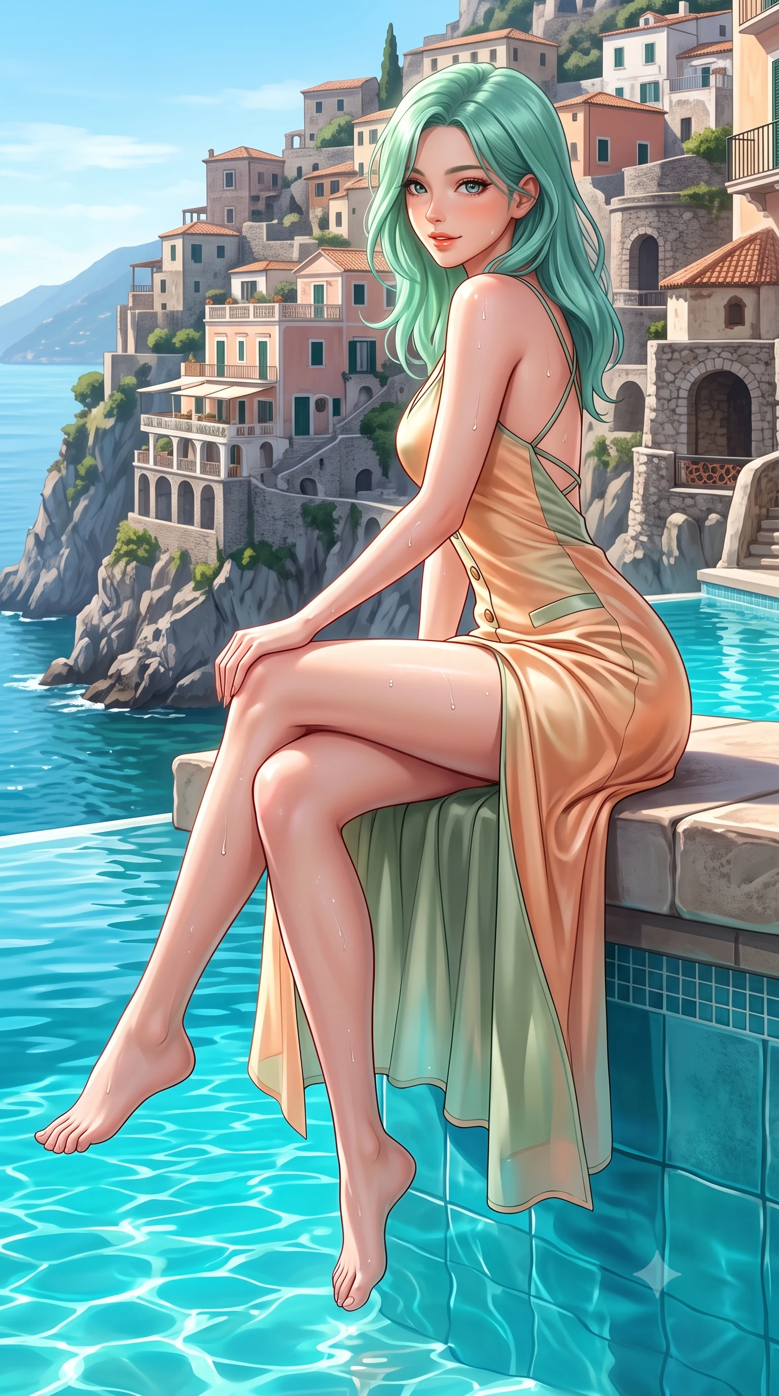 score_9, masterpiece, best quality, ultra-detailed, high-budget anime keyframe, semi-realistic 3D game render, editorial fashion photography, tasteful artistic composition, Japanese woman. low angle full-body shot from head to toe showing her feet, filling the entire 9:16 vertical frame with her statuesque presence, stretching her vertical silhouette. sitting perched on the elevated edge with legs crossed and hips angled toward the camera, displaying her toned midriff and long slender limbs with a joyful, coquettish smile while wading lightly through the crystal turquoise pool with hips cocked back, looking over her shoulder with an alluring, sun-kissed bedroom-gaze. The surrounding environment is rendered in vivid detail and crisp panoramic clarity. detailed swimwear fabric sheen, water droplet beads on skin, and Amalfi cliffside architecture in high resolution. She has an exceptionally tall and slender model-like 8.5-heads proportion, an ultra-slim waist, a flat toned midriff, narrow delicate ribcage, and beautifully sculpted feminine hips creating a graceful, slim hourglass silhouette without any bulky heaviness, with impossibly long slender legs. sharp v-shaped jawline, high-bridge nose, intricate jewel-like sparkling eyes with depth, thick eyelashes, glossy parted lips with a natural peach sheen, bright cheerful beaming smile with an enchanting and coquettish sensual glint, exuding both youthful cute charm and seductive allure, flawlessly proportioned anatomical accuracy, strict slender model proportions, natural body alignment, perfectly sculpted long slender limbs, ultra-slim waistline, clean dynamic posture without body distortion. wearing a breezy silk-satin slip dress featuring a thigh-high side slit ascending to the high hip and criss-cross back straps in soft apricot and sage green, woven from layered gossamer organza with weightless flutter, finished with neat front wooden buttons and delicate pocket details, the high-waisted tailoring accentuating her ultra-slim waistline and the enchanting curve of her feminine hips with alluring charm. illuminated by intense pool water specular reflections sharply defining her razor-sharp jawline, narrow waist, and curvy hips. highly saturated vibrant anime colors, detailed shading with soft gradients, rich glossy textures, high-contrast stereoscopic depth, volumetric dynamic lighting, master piece, 9:16 ratio
