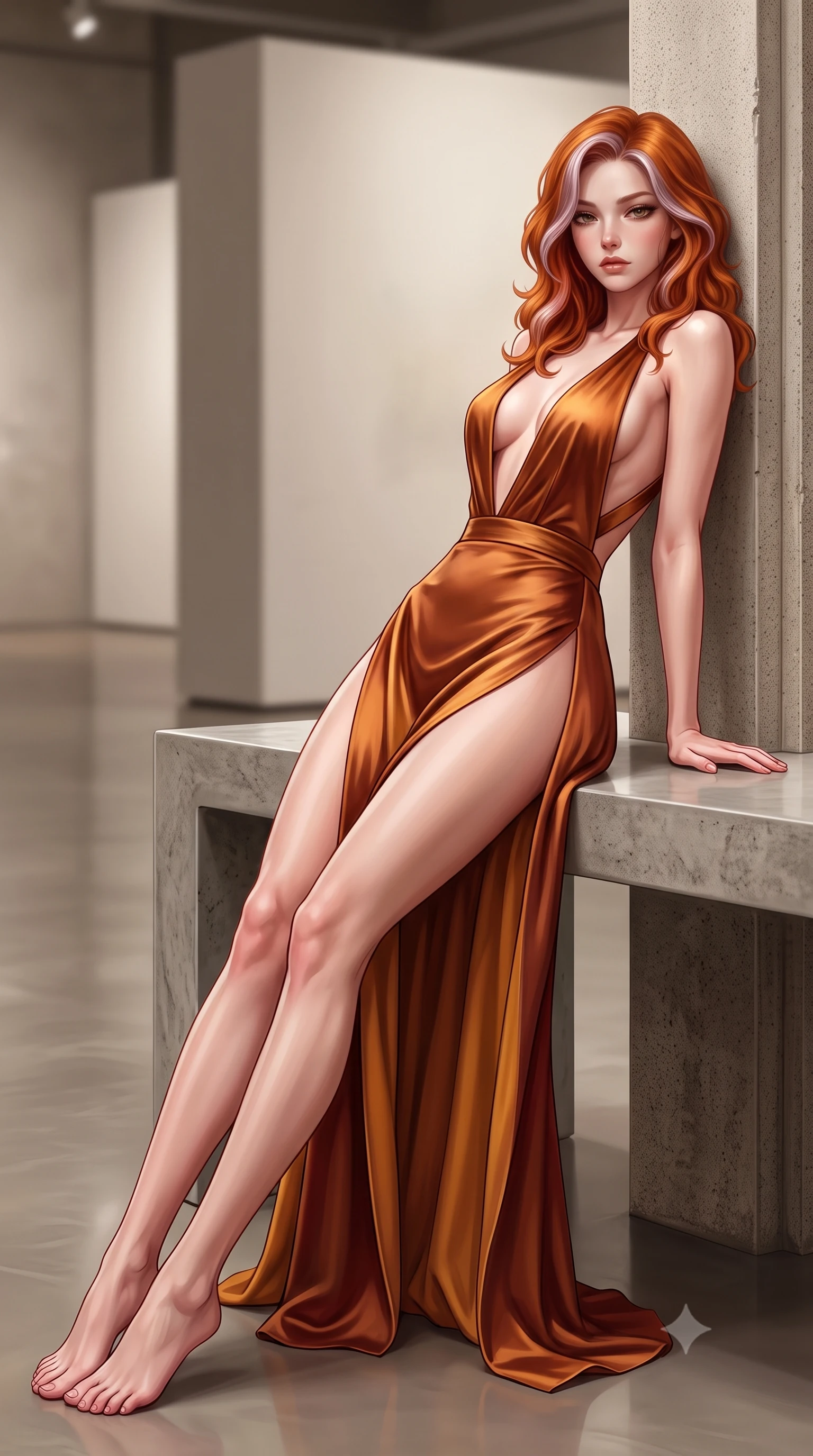 score_9, masterpiece, best quality, ultra-detailed, high-budget anime keyframe, semi-realistic 3D game render, editorial fashion photography, tasteful artistic composition, Caucasian woman. low angle full-body shot from head to toe showing her feet, filling the entire 9:16 vertical frame with her statuesque presence, stretching her vertical silhouette. leaning deep against the structural architecture with hips cocked in an unapologetically bold, seductive high-fashion stance while reclining on a sleek polished concrete bench propped on one hand, long legs extended to accentuate her razor-sharp slender hips and flat midriff. The composition keeps background elements in soft focus with creamy bokeh. high-ceiling gallery partition walls and polished epoxy floors softened in artistic shallow focus. She has an exceptionally tall and slender model-like 8.5-heads proportion, an ultra-slim waist, a flat toned midriff, narrow delicate ribcage, and beautifully sculpted feminine hips creating a graceful, slim hourglass silhouette without any bulky heaviness, with impossibly long slender legs. sharp v-shaped jawline, high-bridge nose, intricate jewel-like eyes with depth, thick eyelashes, glossy parted lips with a natural sheen, intensely captivating and seductive bedroom-eyes expression, flawlessly proportioned anatomical accuracy, strict slender model proportions, natural body alignment, perfectly sculpted long slender limbs, ultra-slim waistline, clean dynamic posture without body distortion. wearing a plunging-V neckline duchess satin gown with high side slits ascending to the high hip in rich copper bronze and warm amber, tailored from smooth liquid silk satin adhering seamlessly to her skin, finished with criss-cross back satin straps highlighting her graceful shoulder blades, the dramatically scooped open back descending to the base of her spine, accentuating her razor-sharp statuesque lines and slim hourglass silhouette. surrounded by a sophisticated, avant-garde, and dangerously seductive art-world muse aura. highly saturated vibrant anime colors, detailed shading with soft gradients, rich glossy textures, high-contrast stereoscopic depth, volumetric dynamic lighting, master piece, 9:16 ratio