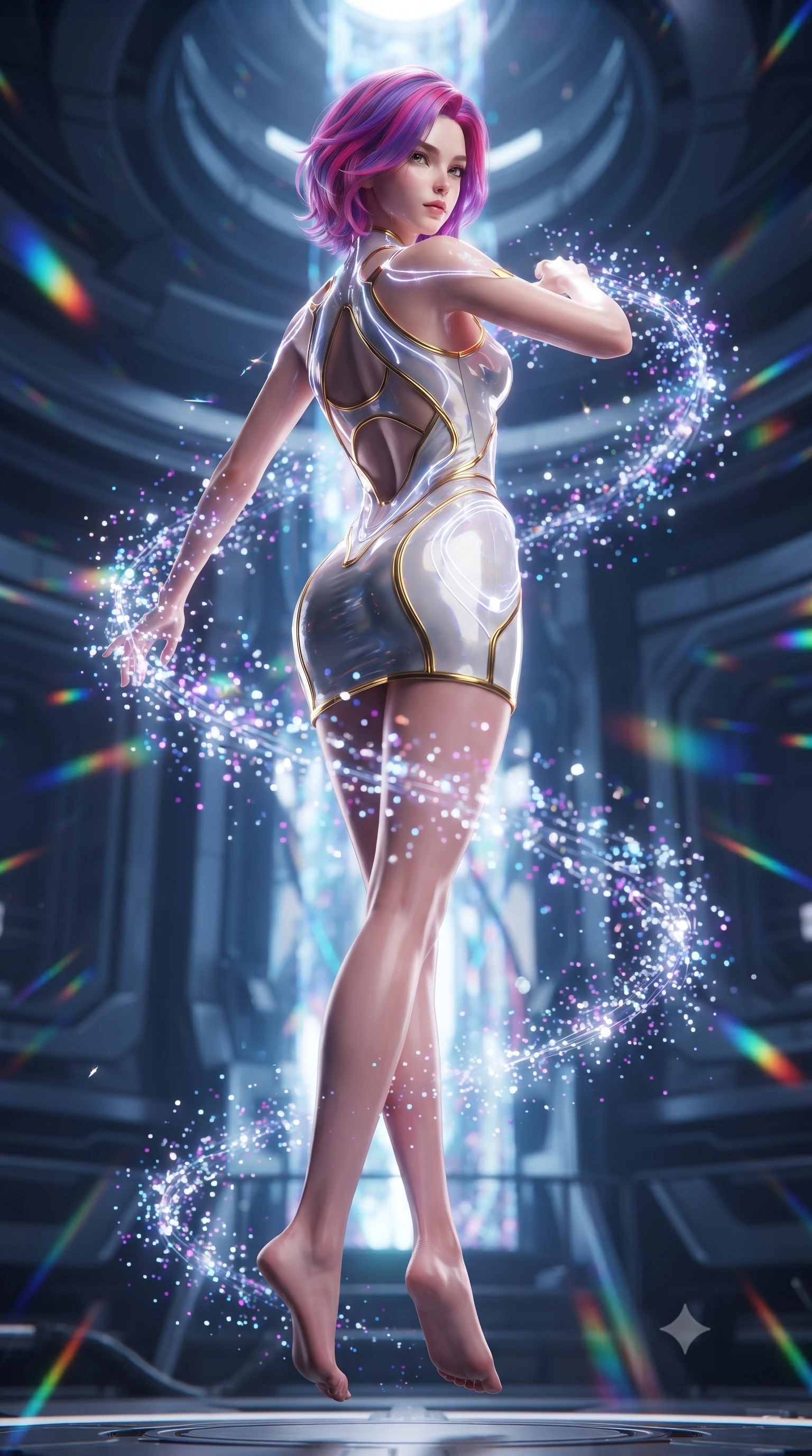 score_9, masterpiece, best quality, ultra-detailed, high-budget anime keyframe, editorial fashion photography, tasteful artistic composition, Caucasian woman. low angle full-body shot from head to toe showing her feet, filling the entire 9:16 vertical frame with her statuesque presence, stretching her vertical silhouette. pivoting dynamically in mid-motion with a breathtakingly alluring posture, displaying her flawless model proportions, toned flat midriff, and ultra-slim waist while pivoting dynamically in mid-air as cascades of shimmering antimatter particles wrap around her slender figure like a radiant halo. The surrounding environment is rendered in vivid detail and crisp panoramic clarity. sharp magnetic ring mechanical seams, distinct glowing particle trails, and crystalline conduit facets in deep focus. She has an absolutely perfect, statuesque 8.5-heads proportion, an exceptionally tall and slender model-like female figure with impossibly long slender legs, a toned flat midriff, and an ultra-slim waist. sharp v-shaped jawline, high-bridge nose, intricate jewel-like eyes with depth, thick eyelashes, glossy lips with a natural sheen, flawlessly proportioned anatomical accuracy, strict slender model proportions, natural body alignment, perfectly sculpted long slender limbs, ultra-slim waistline, clean dynamic posture without body distortion. wearing a high-gloss lacquer cyber-couture mini dress with an open-back architectural cut and subtle glowing micro-filaments in pristine liquid pearl white and radiant solar gold trim, tailored from semi-translucent cybernetic vinyl with glowing micro-filaments, accented with glowing fiber-optic seams tracing her collarbones and hip curves, the sleek second-skin cut tightly hugging her graceful clavicle, narrow waist, and feminine curves with athletic precision. bathed in brilliant white-hot warp core radiance and saturated rainbow particle prism refractions. ultra-reflective glossy finish, specular highlights, dark metallic sheen, high-contrast stereoscopic depth, volumetric dynamic lighting, 2k, ultra detail, master piece, 9:16 ratio