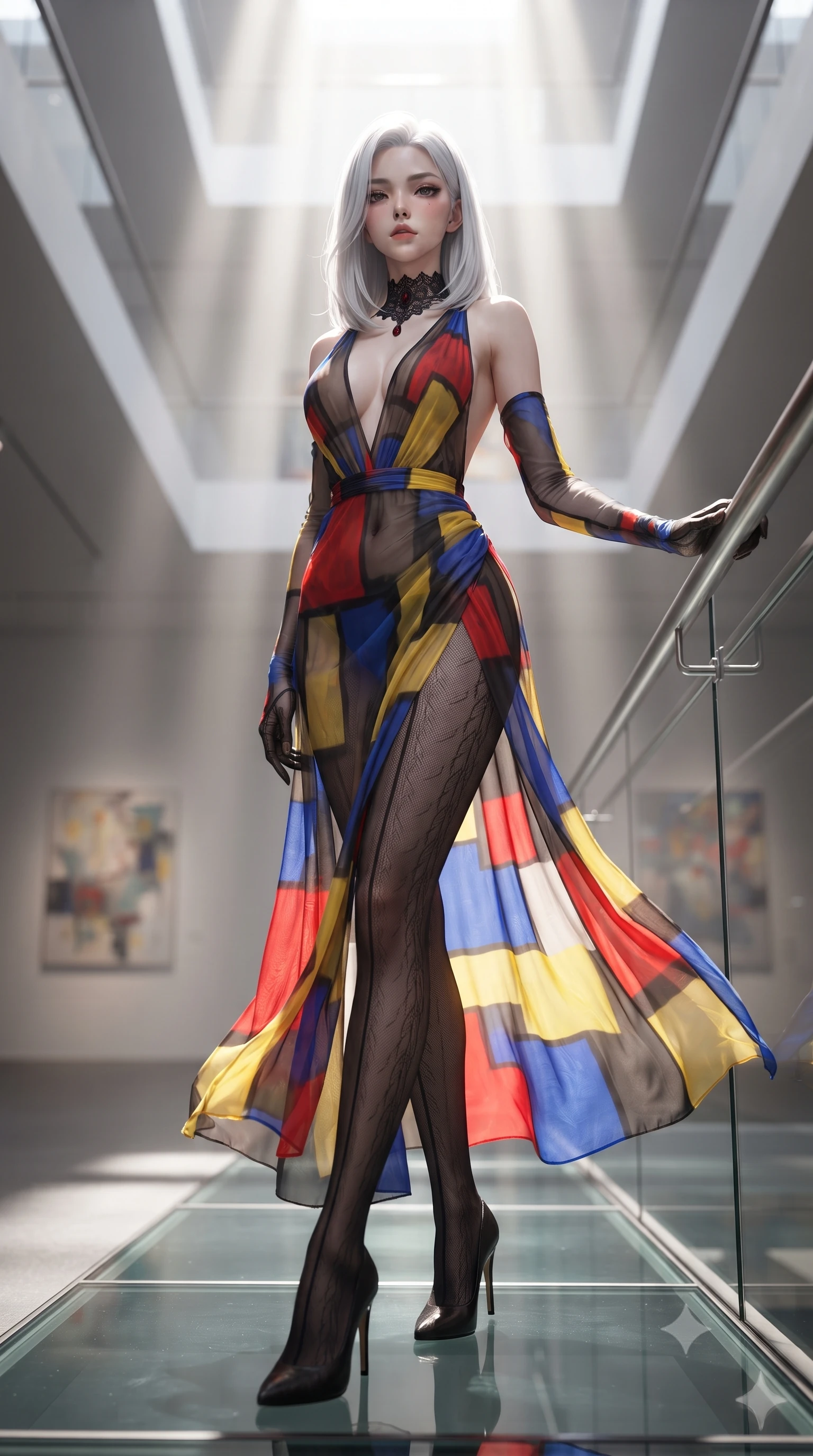 score_9, masterpiece, best quality, ultra-detailed, high-budget anime keyframe, editorial fashion photography, tasteful artistic composition, Korean woman. low angle full-body shot from head to toe showing her feet, filling the entire 9:16 vertical frame with her statuesque presence, stretching her vertical silhouette. stepping slowly toward the camera with hypnotic grace, hips swaying in an alluring sensual rhythm that accentuates her curvy hourglass silhouette and long slender legs while leaning against the stainless-steel staircase handrail with hips cocked back, looking down through the glass floor with smoldering eyes. The background shows a soft-focus distant gallery paintings softened in high-tech architectural shallow focus. She has an absolutely perfect, statuesque 8.5-heads proportion, an exceptionally tall and slender model-like female figure with impossibly long slender legs, an ultra-slim waist, a flat toned midriff, narrow delicate ribcage, and beautifully sculpted feminine hips creating a graceful, slim hourglass silhouette without any bulky heaviness. sharp v-shaped jawline, high-bridge nose, sparkling eyes with hypnotic seductive depth, thick curled eyelashes, glossy parted lips with a natural dewy peach sheen, alluring bedroom-eyes with an enchanting coquettish smile, exuding magnetic siren charisma and sophisticated glamour, flawlessly proportioned anatomical accuracy, strict slender model proportions, natural body alignment, perfectly sculpted long slender limbs, ultra-slim waistline, clean dynamic posture without body distortion. wearing a deep V-neck sheer gossamer chiffon vampire dress with an open-back scoop and dramatic flowing side leg slit in Mondrian primary red, canary yellow, and electric cobalt blue, made of sheer gossamer chiffon that drapes softly against skin with airy translucence, accented with an ornate black lace Victorian choker featuring a single blood-red teardrop garnet, the glove-like clinging cut tightly following the natural contour of her hips and long slender legs with youthful 8.5-heads elegance. bathed in vertical shafts of pure white sunlight pouring down through four-story architectural light wells. ultra-reflective glossy finish, specular highlights, rich textural contrasts, high-contrast stereoscopic depth, volumetric dynamic lighting, 2k, ultra detail, master piece, 9:16 ratio