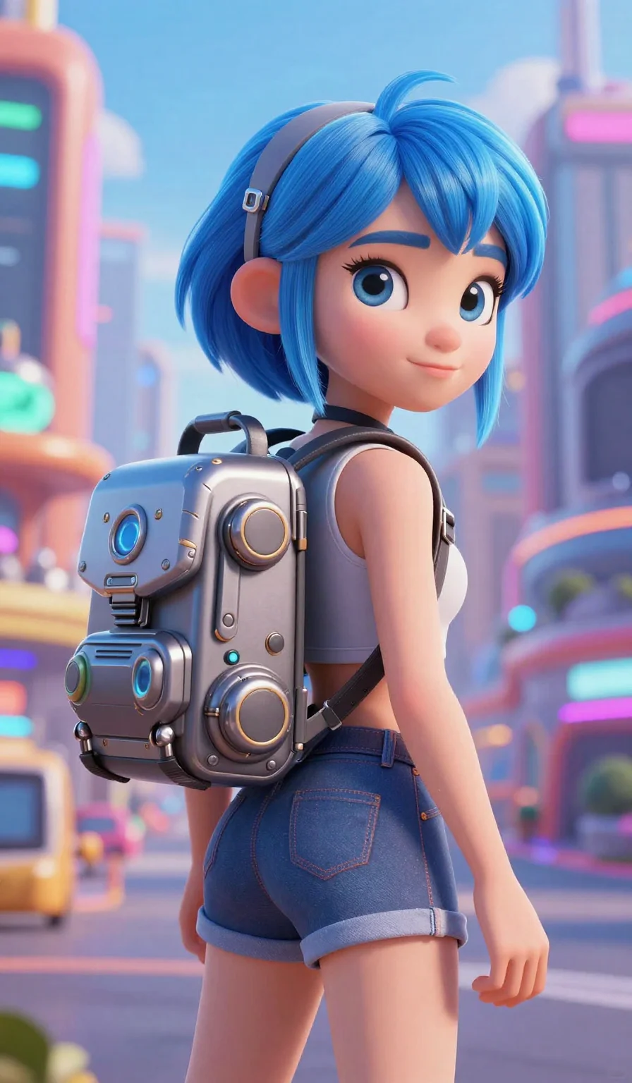 (masterpiece:1.2), best quality, highres, (3D animation character:1.2), beautiful girl, blue hair, (mechanical backpack:1.1), futuristic city background, vibrant pop colors, high-end rendering, 2k, ultra detail, 9:16 ratio