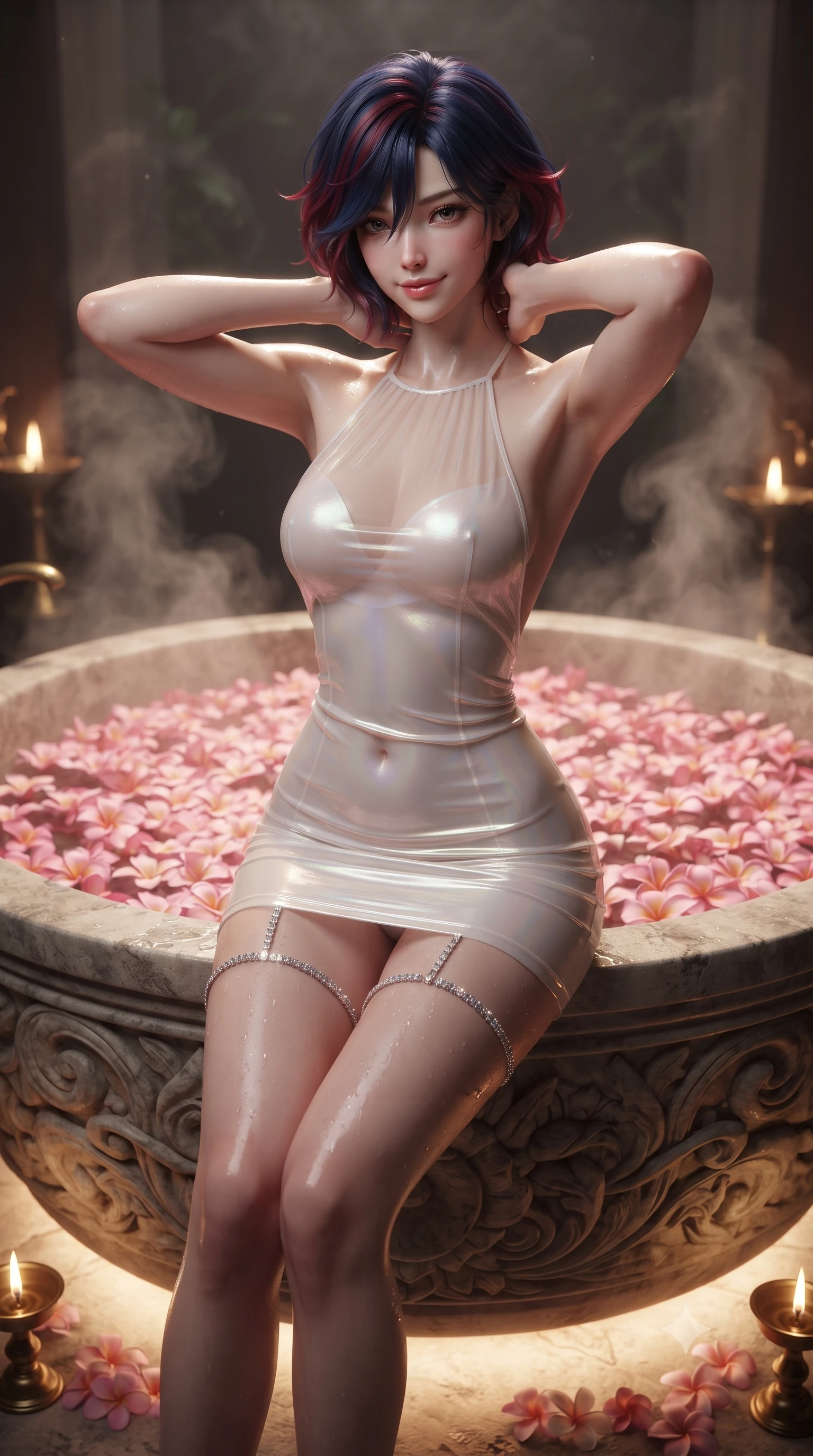 score_9, masterpiece, best quality, ultra-detailed, high-budget anime keyframe, editorial fashion photography, tasteful artistic composition, Korean woman. close-up cowboy shot from the waist and thighs up, the character dominates the composition, filling the frame with her large presence. resting both hands lightly behind her neck with elbows raised, arching her spine to highlight her narrow waist, flat midriff, and breathtaking collarbones while sitting poised on the edge of the monumental carved stone soaking tub brimming with pink frangipani blossoms, arching her spine with wet-look siren grace. The background shows a soft-focus rising herbal steam plumes softened in holistic island wellness shallow focus. She has an exceptionally elegant, slender, and willowy female figure with an ultra-slim waist, flat toned midriff, narrow ribcage, and sculpted feminine hips creating an alluring, slim hourglass silhouette without bulk. sharp v-shaped jawline, high-bridge nose, sparkling eyes with hypnotic seductive depth, thick curled eyelashes, glossy parted lips with a natural dewy peach sheen, alluring bedroom-eyes with an enchanting coquettish smile, exuding magnetic siren charisma and sophisticated glamour, flawlessly proportioned anatomical accuracy, strict slender model proportions, natural body alignment, perfectly sculpted long slender limbs, ultra-slim waistline, clean dynamic posture without body distortion. wearing a backless halterneck column mini dress in shimmering liquid vinyl clinging like a second skin in pure alabaster with iridescent mother-of-pearl sheen, made of sheer gossamer chiffon that drapes softly against skin with airy translucence, finished with delicate crystal-encrusted thigh garter straps glinting in the dim light, the liquid-tight tailored fabric clinging flawlessly to her narrow waist and rounded feminine hips, emphasizing every millimeter of her sculpted slim hourglass curves without any bulky heaviness. bathed in soft warm 2400K concealed cove lighting beneath the tub rim mixed with flickering brass oil lamps. ultra-reflective glossy finish, specular highlights, rich textural contrasts, high-contrast stereoscopic depth, volumetric dynamic lighting, 2k, ultra detail, master piece, 9:16 ratio