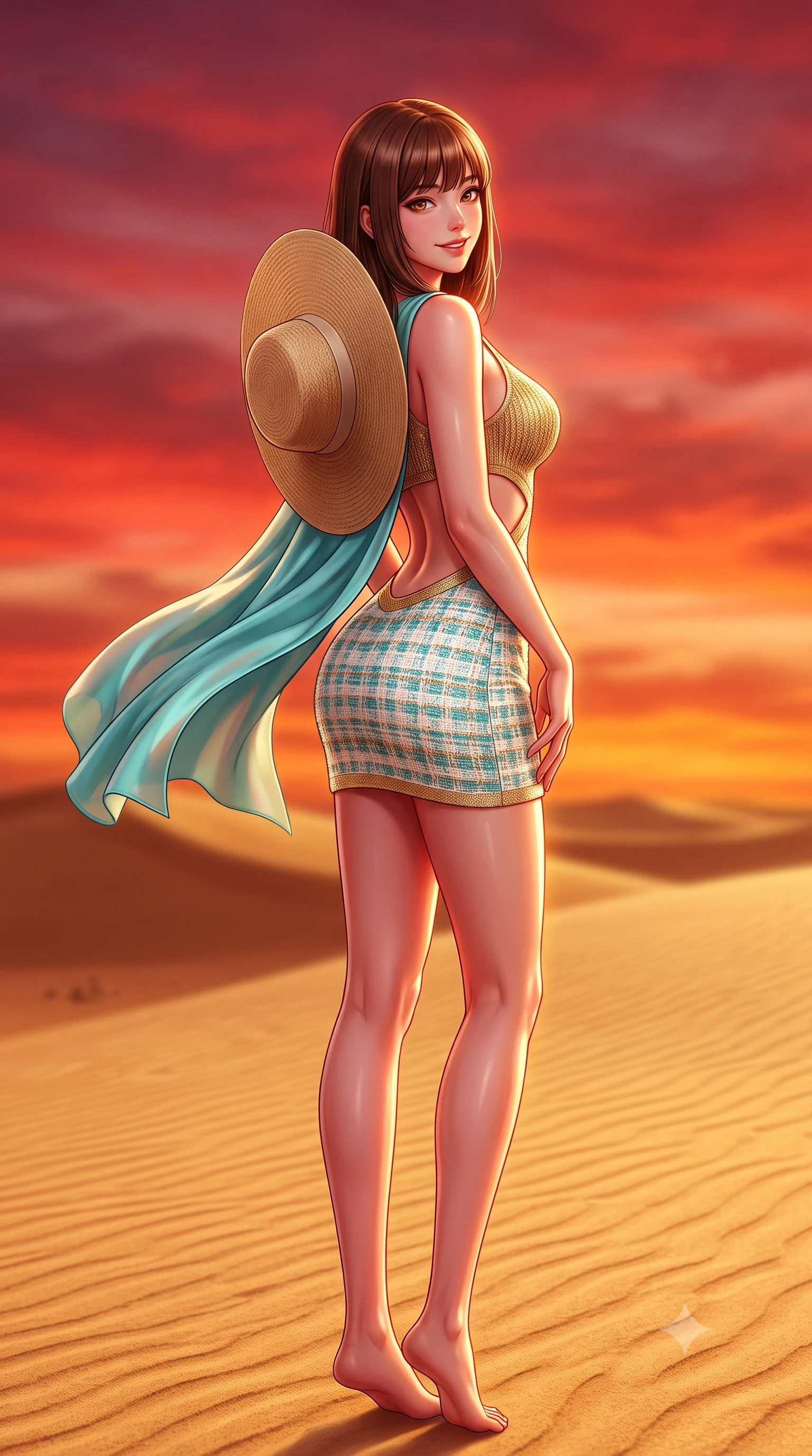 score_9, masterpiece, best quality, ultra-detailed, high-budget anime keyframe, semi-realistic 3D game render, editorial fashion photography, tasteful artistic composition, Korean woman. low angle full-body shot from head to toe showing her feet, filling the entire 9:16 vertical frame with her statuesque presence, stretching her vertical silhouette. posing with back turned slightly to the lens, glancing back with an enchanting, playful smile as she arches her lower back to emphasize her sculpted feminine hips and slender waist while twisting her slender torso in an alluring S-curve as desert breezes mold her flowing silk resort cape against her narrow waist and curvy hips. The composition keeps background elements in soft focus with dreamy creamy bokeh. rippling golden sand dunes stretching to infinity beneath a fiery crimson sunset sky blurred into deep copper, carmine, and gold bokeh. She has an exceptionally tall and slender model-like 8.5-heads proportion, an ultra-slim waist, a flat toned midriff, narrow delicate ribcage, and beautifully sculpted feminine hips creating a graceful, slim hourglass silhouette without any bulky heaviness, with impossibly long slender legs. sharp v-shaped jawline, high-bridge nose, sparkling amber-hazel eyes with depth, long lush eyelashes, glossy sun-kissed lips with a warm coral glaze, radiant teasing smile with sensual sunlit bedroom-eyes, exuding effortless old-money elegance and intoxicating sun-drenched allure, flawlessly proportioned anatomical accuracy, strict slender model proportions, natural body alignment, perfectly sculpted long slender limbs, ultra-slim waistline, clean dynamic posture without body distortion. wearing a cut-out golden metallic knit mini dress with open-waist architecture emphasizing her hourglass curves in refreshing Aegean turquoise and crisp sea-salt white, tailored from soft pastel resort tweed with subtle gold thread shimmer, complemented by a wide-brim straw sunhat held casually behind her back, the high-waisted tailoring accentuating her ultra-slim waistline and the enchanting curve of her feminine hips with alluring sunlit charm. bathed in the intense molten-crimson and gold of the desert horizon sunset. highly saturated vibrant anime colors, detailed shading with soft gradients, rich glossy textures, high-contrast stereoscopic depth, volumetric dynamic lighting, master piece, 9:16 ratio