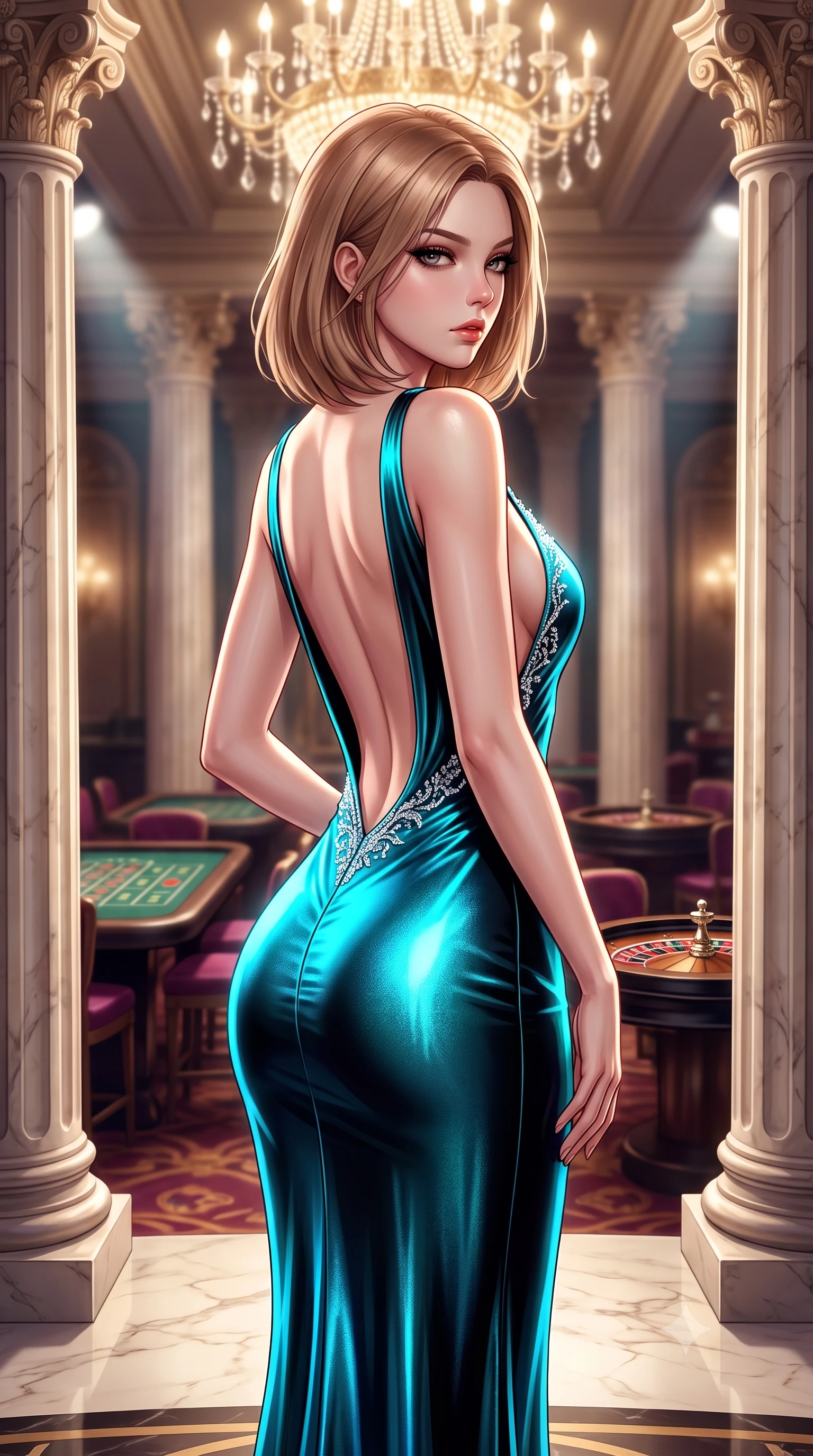 score_9, masterpiece, best quality, ultra-detailed, high-budget anime keyframe, semi-realistic 3D game render, editorial fashion photography, tasteful artistic composition, Korean woman. close-up cowboy shot from the waist and thighs up, the character dominates the composition, filling the frame with her large presence. twisting her slender torso in a deep contrapposto stance, hips dramatically shifted to accentuate her feminine curves while looking past her shoulder with smoldering bedroom-eyes while standing poised between towering marble Corinthian columns, twisting her slender torso in an alluring S-curve under cascading chandelier light. The composition keeps background elements in soft focus with creamy bokeh. distant velvet gaming tables and roulette wheels softened in glamorous high-roller shallow focus. She has an exceptionally elegant, slender, and willowy female figure with an ultra-slim waist, flat toned midriff, narrow ribcage, and sculpted feminine hips creating an alluring, slim hourglass silhouette without bulk. sharp v-shaped jawline, high-bridge nose, intricate jewel-like eyes with depth, thick eyelashes, glossy parted lips with a natural sheen, intensely captivating and seductive bedroom-eyes expression, flawlessly proportioned anatomical accuracy, strict slender model proportions, natural body alignment, perfectly sculpted long slender limbs, ultra-slim waistline, clean dynamic posture without body distortion. wearing a liquid-silk jersey evening gown with an ultra-deep plunging open back descending to the base of her spine and a sculpted hip-hugging skirt in neon electric cyan and lacquer black, crafted from luxurious metallic lamé that shifts radiance with every step, finished with delicate crystal frost embroidery tracing the plunging neckline, the liquid-tight tailored fabric clinging flawlessly to her narrow waist and rounded feminine hips, emphasizing every millimeter of her sculpted slim hourglass curves without any bulky heaviness. illuminated by crisp directional spotlights sharply defining her sculpted collarbones, ultra-slim waist, and curvy hips. highly saturated vibrant anime colors, detailed shading with soft gradients, rich glossy textures, high-contrast stereoscopic depth, volumetric dynamic lighting, master piece, 9:16 ratio