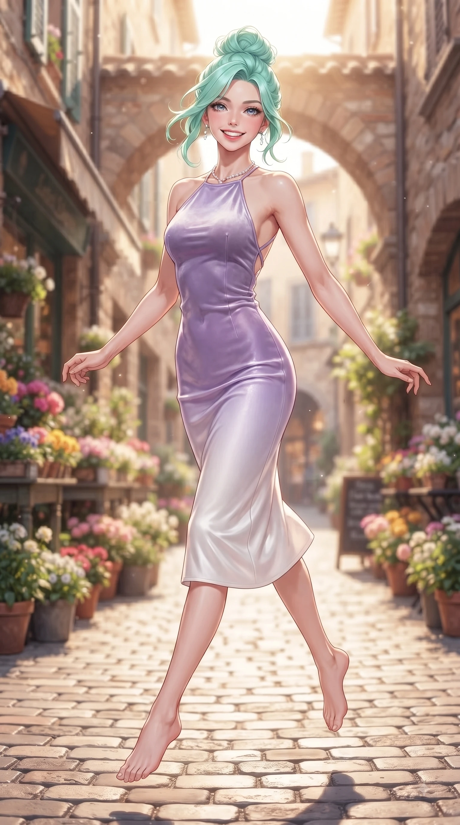 score_9, masterpiece, best quality, ultra-detailed, high-budget anime keyframe, editorial fashion photography, tasteful artistic composition, Japanese woman. low angle full-body shot from head to toe showing her feet, filling the entire 9:16 vertical frame with her statuesque presence, stretching her vertical silhouette. leaping with pure youthful energy through the scene with a radiant bright smile, her long slender legs balanced gracefully while walking dynamically down a sun-drenched European cobblestone alley lined with flower shops. The composition keeps background elements in soft focus with dreamy bokeh. rustic European arches blurring smoothly into a charming background backdrop. She has an absolutely perfect, statuesque 8.5-heads proportion, an exceptionally tall and slender model-like female figure with impossibly long slender legs and an ultra-slim waist. sharp v-shaped jawline, high-bridge nose, intricate jewel-like eyes with depth, thick eyelashes, glossy lips with a natural sheen, flawlessly proportioned anatomical accuracy, natural body alignment, perfectly sculpted elegant limbs, clean dynamic posture without body distortion. wearing a velvet halter-neck midi dress fitting her statuesque contour flawlessly in soft lavender violet and pearl white, crafted from smooth liquid silk satin, finished with delicate criss-cross back straps highlighting her bare shoulders, the glove-like fit emphasizing her statuesque silhouette during motion. bathed in bright sunny morning light and warm golden sunbursts. ultra-reflective glossy finish, specular highlights, metallic sheen, high-contrast stereoscopic depth, volumetric dynamic lighting, 2k, ultra detail, master piece, 9:16 ratio