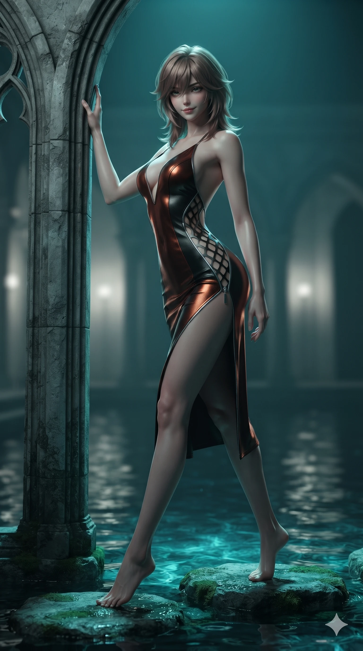 score_9, masterpiece, best quality, ultra-detailed, high-budget anime keyframe, editorial fashion photography, tasteful artistic composition, Japanese woman. low angle full-body shot from head to toe showing her feet, filling the entire 9:16 vertical frame with her statuesque presence, stretching her vertical silhouette. standing tall beside the towering gothic arch, one hand resting high while arching her lower back to emphasize her sculpted feminine curves while stepping gracefully from stone to stone across the midnight water garden, hips swaying in an alluring sensual rhythm. The background shows a soft-focus zen-minimalist subterranean water courtyard softened in architectural shallow focus. She has an absolutely perfect, statuesque 8.5-heads proportion, an exceptionally tall and slender model-like female figure with impossibly long slender legs, an ultra-slim waist, a flat toned midriff, narrow delicate ribcage, and beautifully sculpted feminine hips creating a graceful, slim hourglass silhouette without any bulky heaviness. sharp v-shaped jawline, high-bridge nose, intricate jewel-like dark sparkling eyes with hypnotic seductive depth, thick curled eyelashes, glossy parted lips with a natural wine sheen, alluring bedroom-eyes with an enigmatic smoldering smile, exuding magnetic sovereign charisma and dark avant-garde glamour, flawlessly proportioned anatomical accuracy, strict slender model proportions, natural body alignment, perfectly sculpted long slender limbs, ultra-slim waistline, clean dynamic posture without body distortion. wearing a provocative backless liquid lamé slip dress with plunging neckline and hip-high thigh slit in dark burnt copper and matte black, adorned with laser-cut diamond side panels revealing teasing glimpses of bare skin, finished with metallic silver boning and sleek zipper points, the form-fitting cut adhering flawlessly to her sculpted flat midriff and slender torso, emphasizing her long leg lines and perfectly proportioned willowy build. bathed in dramatic submerged teal LED light wash cutting upward through crystalline dark water. ultra-reflective glossy finish, specular highlights, metallic sheen, high-contrast stereoscopic depth, volumetric dynamic lighting, 2k, ultra detail, master piece, 9:16 ratio