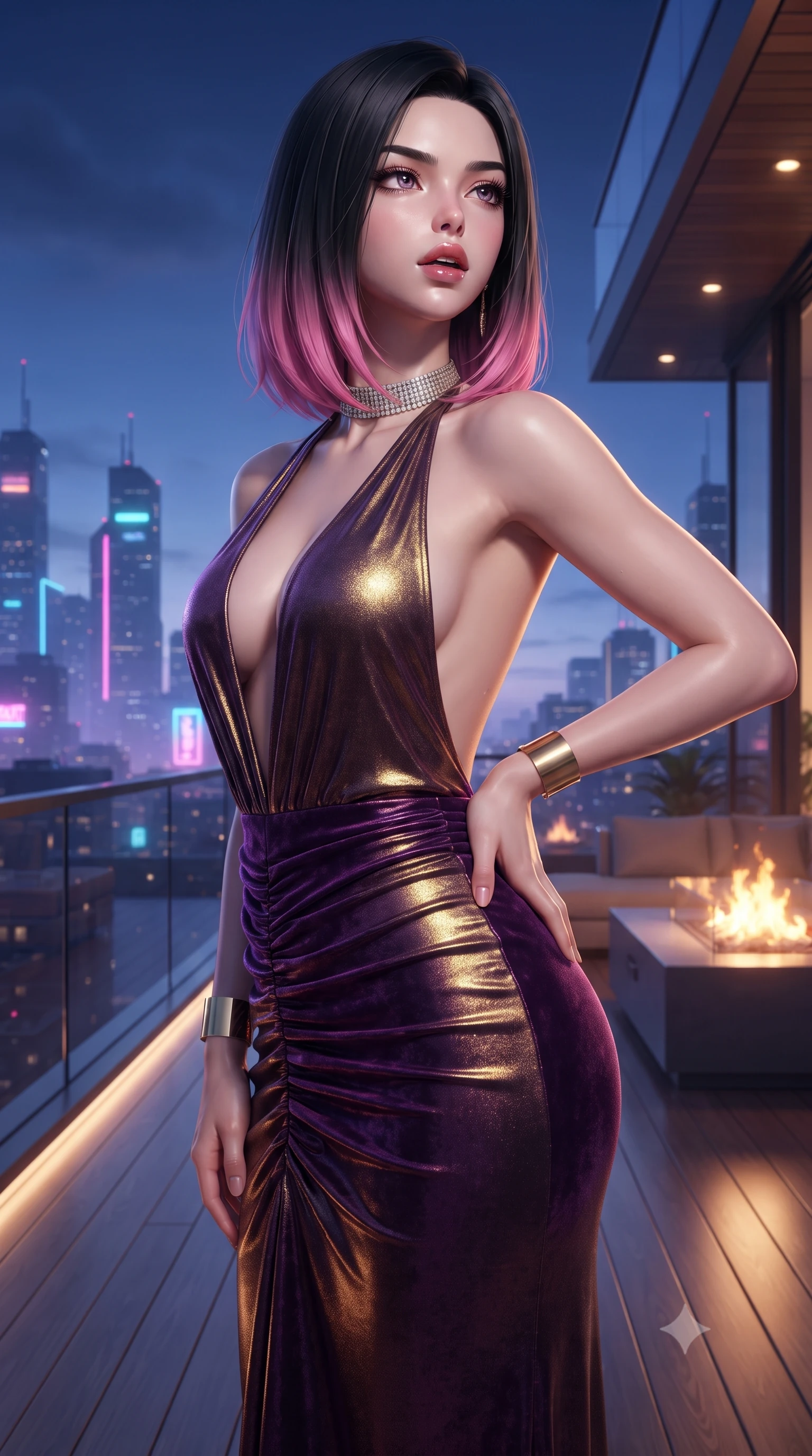 score_9, masterpiece, best quality, ultra-detailed, high-budget anime keyframe, editorial fashion photography, tasteful artistic composition, Korean woman. close-up cowboy shot from the waist and thighs up, the character dominates the composition, filling the frame with her large presence. tilting her chin up with proud, sovereign allure while gazing through thick eyelashes, one hand resting on her waist in pure supermodel charisma while pivoting gracefully on the polished balcony deck with hips shifted in a pronounced contrapposto stance, parted glossy lips reflecting city neon. The surrounding environment is rendered in vivid detail and crisp panoramic clarity. sleek modern luxury chiaroscuro and futuristic skyline elegance rendered with environmental precision. She has an exceptionally elegant, slender, and willowy female figure with an ultra-slim waist, a gracefully sculpted slender torso, toned flat midriff, and rounded feminine hips creating an alluring hourglass silhouette. sharp v-shaped jawline, high-bridge nose, intricate jewel-like eyes with depth, thick eyelashes, glossy parted lips with a natural sheen, intensely captivating and seductive bedroom-eyes expression, flawlessly proportioned anatomical accuracy, strict slender model proportions, natural body alignment, perfectly sculpted long slender limbs, ultra-slim waistline, clean dynamic posture without body distortion. wearing a plunging halter-neck metallic lamé column dress with a dramatic bare spine and hip-defining ruching in imperial purple velvet and antique gold, crafted from luxurious metallic lamé that shifts radiance with every step, accessorized with a bold diamond choker and minimalist gold cuffs, the dramatically scooped open back descending to the base of her spine, accentuating her razor-sharp statuesque lines and curvy hourglass silhouette. bathed in twilight indigo sky tones and warm amber rooftop fire pit glow. ultra-reflective glossy finish, specular highlights, rich textural contrasts, high-contrast stereoscopic depth, volumetric dynamic lighting, 2k, ultra detail, master piece, 9:16 ratio