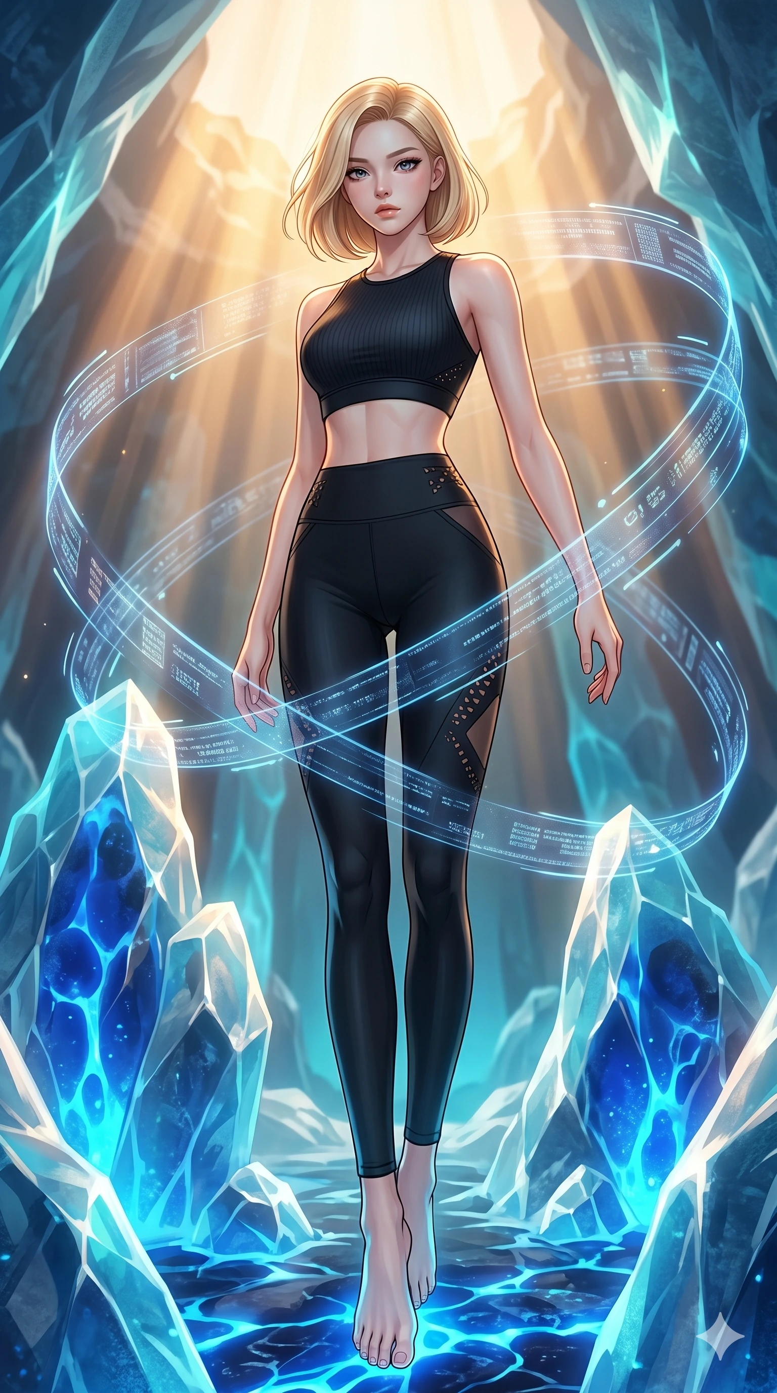 score_9, masterpiece, best quality, ultra-detailed, high-budget anime keyframe, editorial fashion photography, tasteful artistic composition, Korean woman. low angle full-body shot from head to toe showing her feet, filling the entire 9:16 vertical frame with her statuesque presence, stretching her vertical silhouette. diving deep into in a prismatic ice-volcano temple where glowing cobalt-blue liquid magma flows as floating holographic data ribbons swirl in a graceful orbit. She has an absolutely perfect 8-heads proportion, an exceptionally tall and slender female figure with impossibly long slender legs and an ultra-slim waist. V-shaped jawline, high-bridge nose, intricate jewel-like eyes with depth, thick eyelashes, glossy lips with a natural sheen.. wearing a sleek ribbed-knit athleisure set, featuring sculpted matte black athletic top and high-waist leggings with tonal geometric cutout accents at the sides. showcasing a beautiful play of light and shadow, with warm golden rays clashing against cool cyan highlights. 2k, ultra detail, master piece, 9:16 ratio