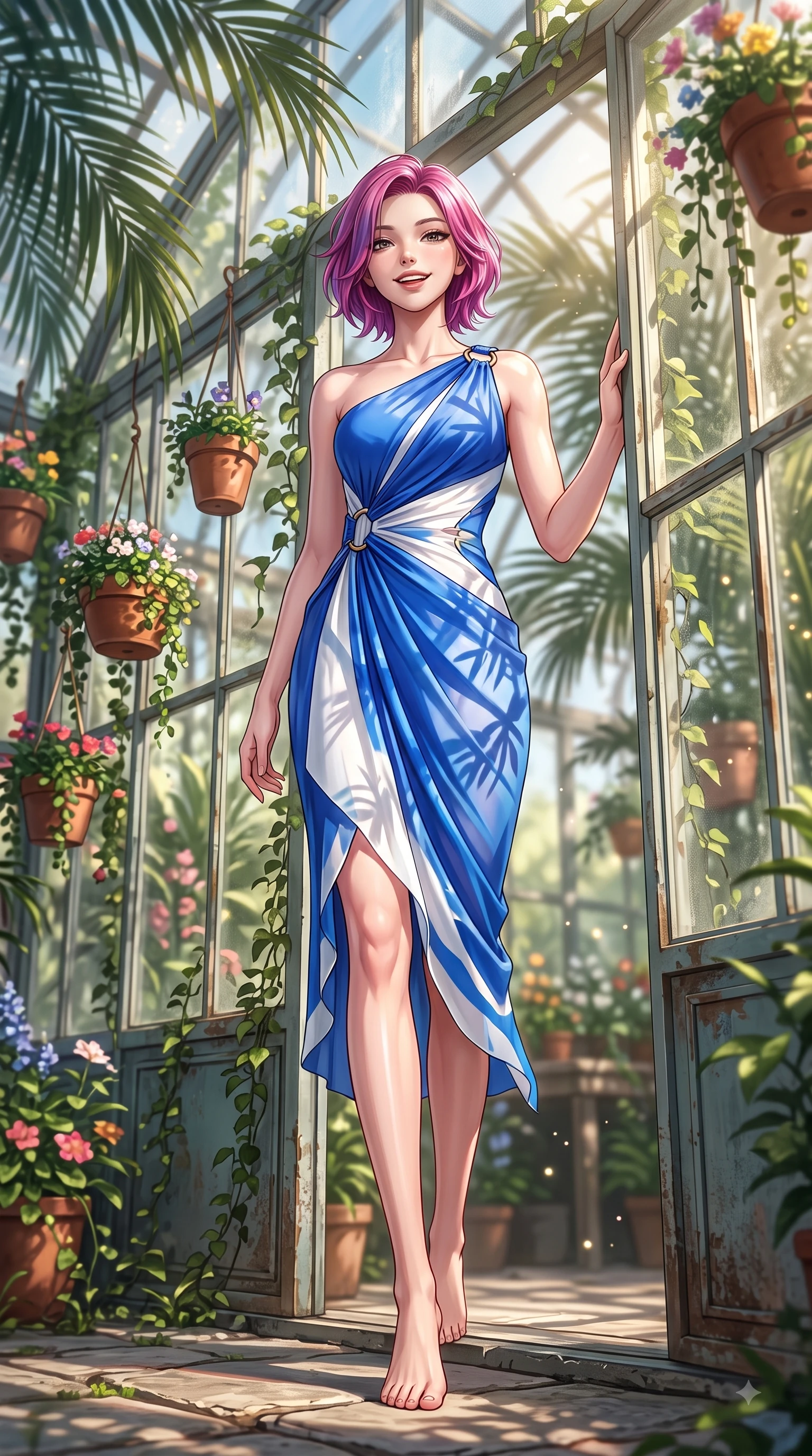 score_9, masterpiece, best quality, ultra-detailed, high-budget anime keyframe, editorial fashion photography, tasteful artistic composition, Caucasian woman. low angle full-body shot from head to toe showing her feet, filling the entire 9:16 vertical frame with her statuesque presence, stretching her vertical silhouette. stepping forward gracefully in mid-motion with a delighted cute expression, displaying her statuesque model proportions while leaning against a glass greenhouse wall surrounded by hanging terracotta flower pots. The composition keeps background elements in soft focus with dreamy bokeh. sunbeams filtering through palm leaves scattering soft background light motes. She has an absolutely perfect, statuesque 8.5-heads proportion, an exceptionally tall and slender model-like female figure with impossibly long slender legs and an ultra-slim waist. sharp v-shaped jawline, high-bridge nose, intricate jewel-like eyes with depth, thick eyelashes, glossy lips with a natural sheen, flawlessly proportioned anatomical accuracy, natural body alignment, perfectly sculpted elegant limbs, clean dynamic posture without body distortion. wearing an asymmetrical draped chiffon midi dress with a sleek shoulder accent in vibrant cobalt blue and crisp snow white, made of lustrous stretch velvet, accented with subtle metallic ring hardware framing her waist, the elegant draped fit framing her graceful clavicle and slender torso. illuminated by fresh botanical sunbeams casting delicate leaf patterns. highly saturated vibrant anime colors, detailed shading with soft gradients, rich glossy textures, high-contrast stereoscopic depth, volumetric dynamic lighting, master piece, 9:16 ratio