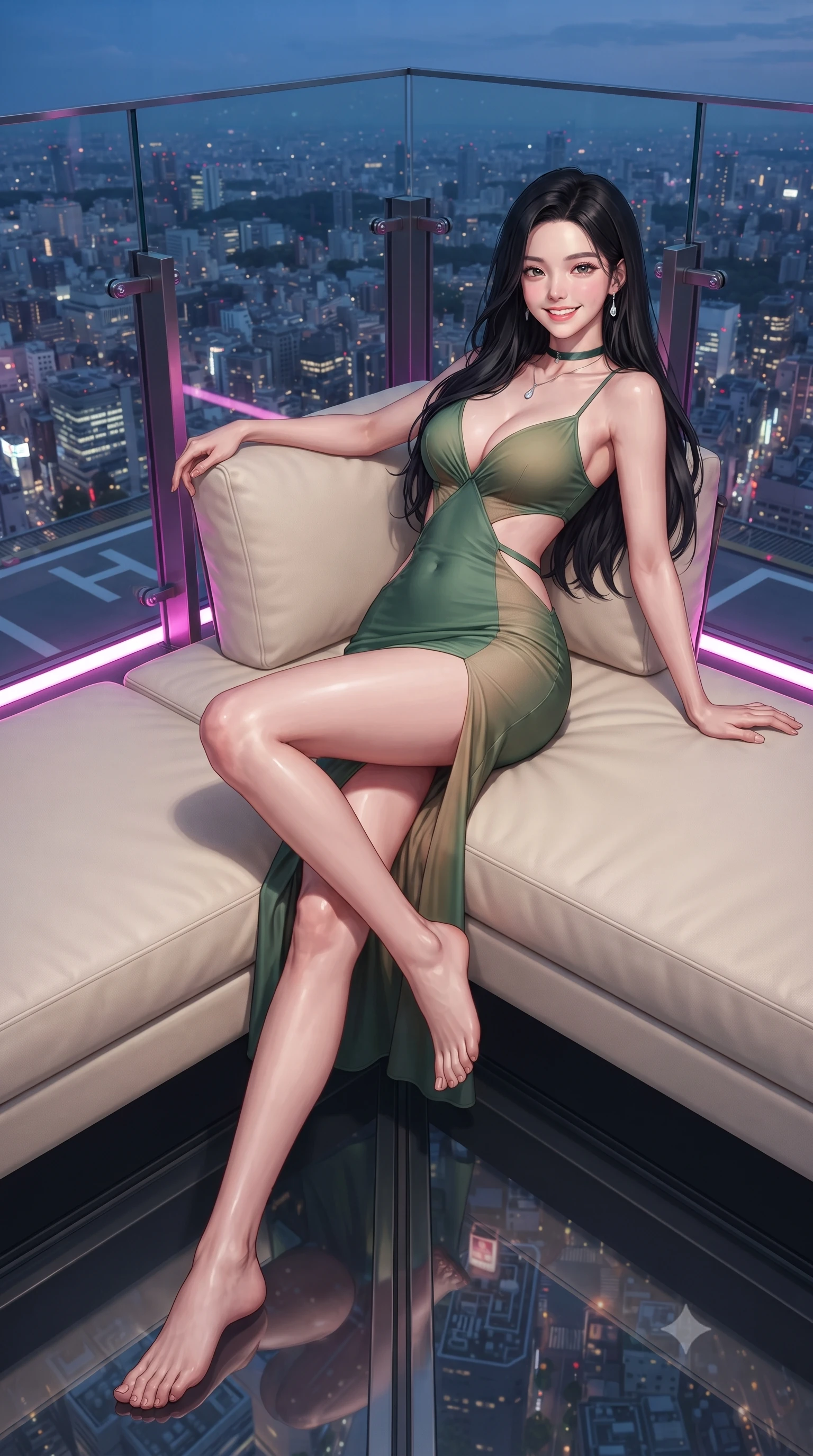 score_9, masterpiece, best quality, ultra-detailed, high-budget anime keyframe, editorial fashion photography, tasteful artistic composition, Korean woman. low angle full-body shot from head to toe showing her feet, filling the entire 9:16 vertical frame with her statuesque presence, stretching her vertical silhouette. reclining gracefully across the plush chaise lounge with one leg extended, her sculpted silhouette and flat midriff radiating magnetic nocturnal glamour while standing poised on the glass corner platform 230 meters above Shibuya, arching her spine with supermodel poise as twilight deepens. The surrounding environment is rendered in vivid detail and crisp panoramic clarity: sharp glass balustrade joint seams, stainless steel safety stanchions, and helipad boundary markings in deep focus. She has an exceptionally tall and slender model-like 8.5-heads proportion, an ultra-slim waist, a flat toned midriff, narrow delicate ribcage, and beautifully sculpted feminine hips creating a graceful, slim hourglass silhouette without any bulky heaviness, with impossibly long slender legs. sharp v-shaped jawline, high-bridge nose, intricate jewel-like sparkling eyes with depth, thick eyelashes, glossy parted lips with a natural peach sheen, bright cheerful beaming smile with an enchanting and coquettish sensual glint, exuding both youthful cute charm and seductive allure, flawlessly proportioned anatomical accuracy, strict slender model proportions, natural body alignment, perfectly sculpted long slender limbs, ultra-slim waistline, clean dynamic posture without body distortion. wearing a cut-out liquid jersey resort dress with geometric side-waist openings and a plunging sweetheart neckline in Hakone bamboo jade green and warm hinoki cedar, made of semi-opaque stretch illusion mesh with soft shadowy contours along her waist, finished with a thin velvet ribbon choker and a single teardrop diamond pendant, the glove-like clinging cut tightly following the natural contour of her hips and long slender legs with youthful 8.5-heads elegance. illuminated by rooftop edge LED strip lights and crisp platinum-magenta rim lights sculpting her jawline, flat midriff, and curvy hips. ultra-reflective glossy finish, specular highlights, rich textural contrasts, high-contrast stereoscopic depth, volumetric dynamic lighting, 2k, ultra detail, master piece, 9:16 ratio