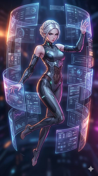 score_9, masterpiece, best quality, ultra-detailed, high-budget anime movie keyframe, cinematic anime lighting, intricate line art, Korean woman. Mid-air action shot capturing a graceful twist and vertical silhouette. operating a holographic console 