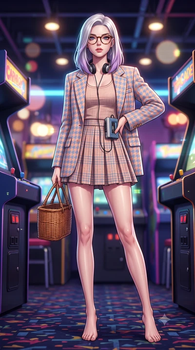 score_9, masterpiece, best quality, ultra-detailed, high-budget anime keyframe, semi-realistic 3D game render, editorial fashion photography, tasteful artistic composition, Caucasian woman. low angle full-body shot from head to toe showing her feet, 