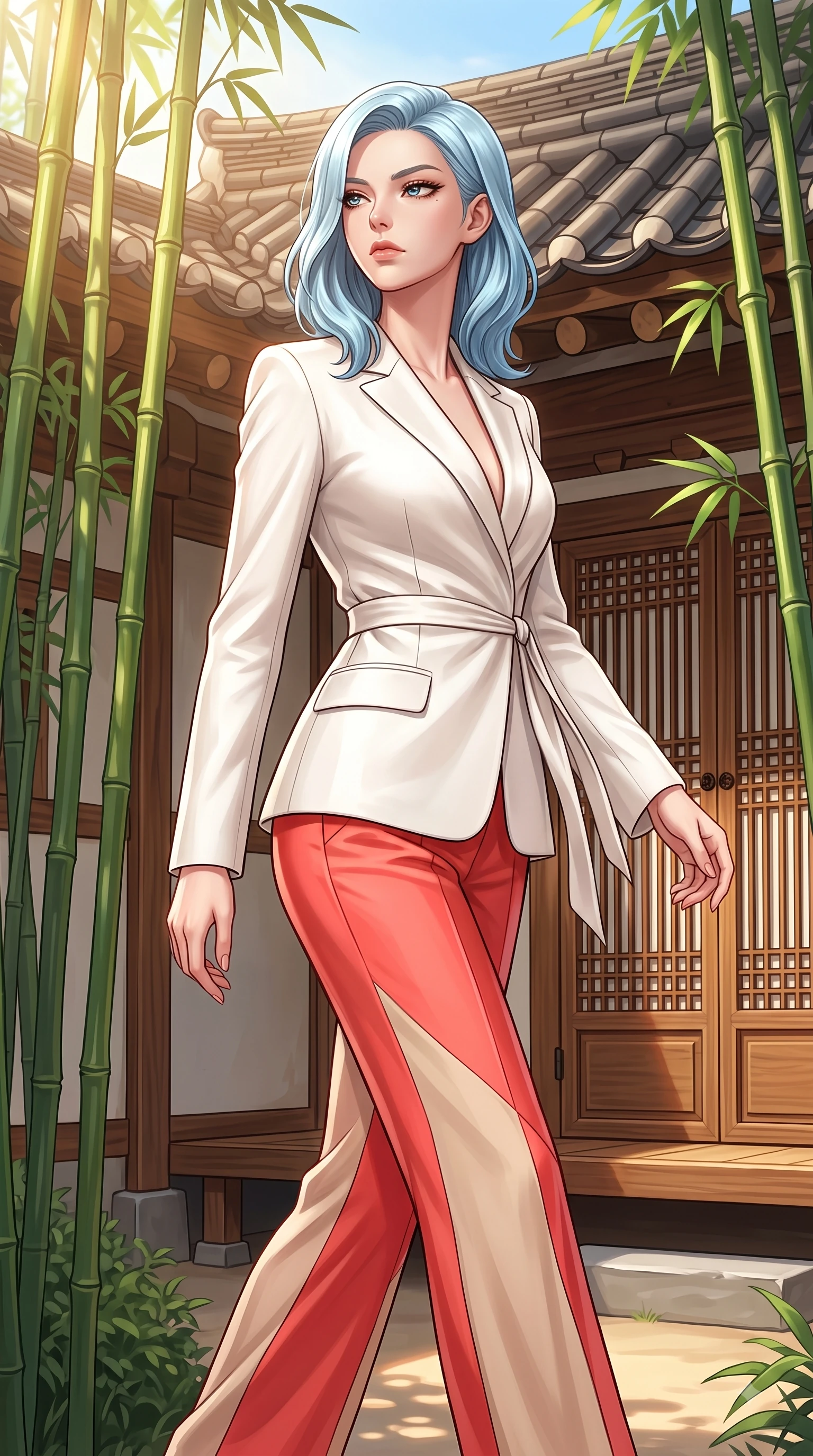 score_9, masterpiece, best quality, ultra-detailed, high-budget anime keyframe, editorial fashion photography, tasteful artistic composition, Korean woman. close-up cowboy shot from the waist and thighs up, the character dominates the composition, filling the frame with her large presence. Cool disdainful expression looking past the camera with effortless superiority and a stoic facial line while stepping gracefully through a sunlit Hanok courtyard surrounded by tall green bamboo stalks. The surrounding environment is rendered in vivid detail and crisp panoramic clarity. traditional Hanok clay roof tiles, intricate wooden lattice doors, and green bamboo stalks in crisp clarity. She has an exceptionally elegant, slender, and willowy female figure with an ultra-slim waist, a gracefully sculpted slender torso, and a refined silhouette. sharp v-shaped jawline, high-bridge nose, intricate jewel-like eyes with depth, thick eyelashes, glossy lips with a natural sheen, flawlessly proportioned anatomical accuracy, natural body alignment, perfectly sculpted elegant limbs, clean dynamic posture without body distortion. wearing a crisp monochrome white tailored suit jacket paired with wide-leg trousers in vibrant coral red and soft beige, crafted from smooth liquid silk satin, accented with a delicate side waist sash creating fluid lines, the chic fashion cut framing her graceful clavicle and slender torso. surrounded by a serene, elegant, and heritage fashion editorial aura. highly saturated vibrant anime colors, detailed shading with soft gradients, rich glossy textures, high-contrast stereoscopic depth, volumetric dynamic lighting, master piece, 9:16 ratio