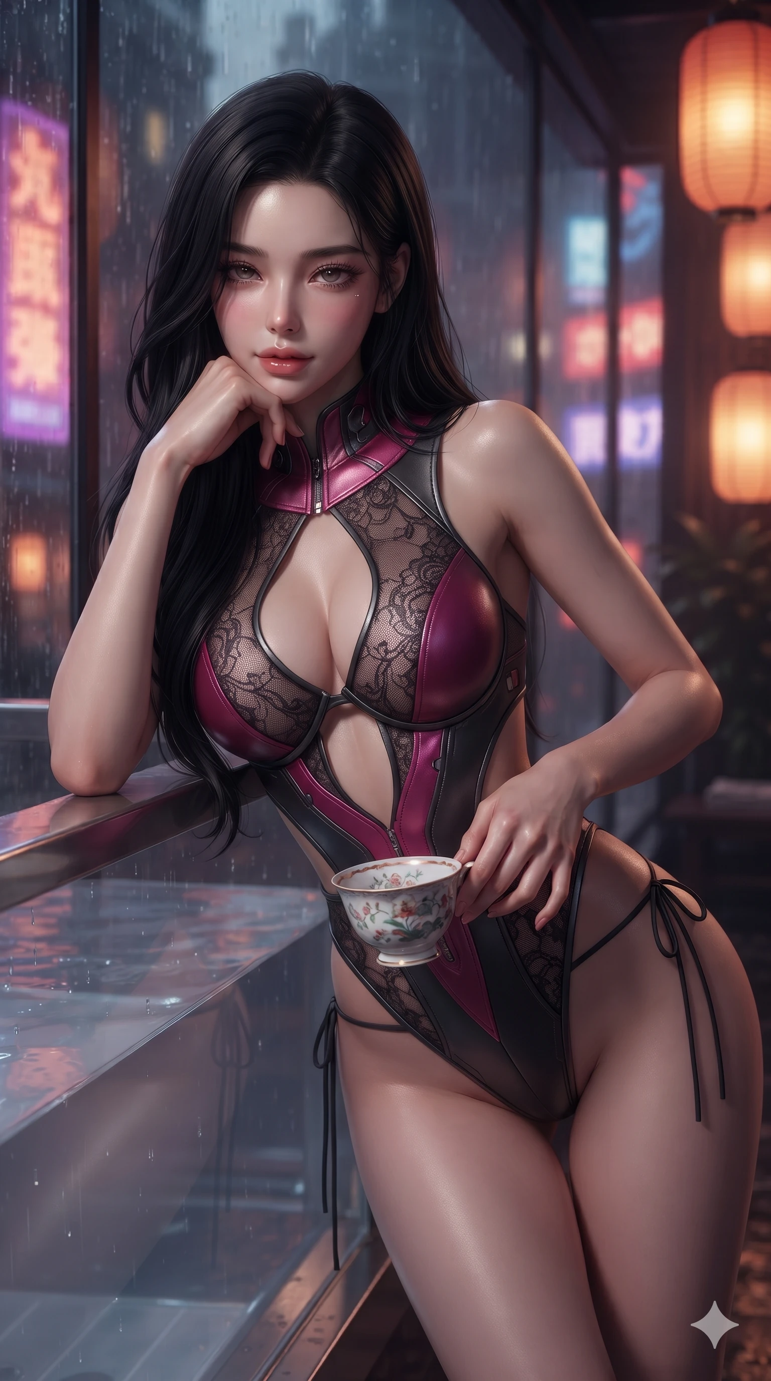 score_9, masterpiece, best quality, ultra-detailed, high-budget anime keyframe, editorial fashion photography, tasteful artistic composition, Korean woman. close-up cowboy shot from the waist and thighs up, the character dominates the composition, filling the frame with her large presence. resting one elbow on the acrylic tub ledge and supporting her chin, leaning close to the camera with heavy-lidded sparkling eyes and parted lips while twisting her slender torso in an alluring contrapposto stance, one hand resting on her sculpted hip while fingers trace the rim of a porcelain cup. The background shows a soft-focus holographic kanji billboards, streaming rain outside glass panels, and warm paper lantern glows blurred into vermilion, amber, and deep violet bokeh. She has an exceptionally elegant, slender, and willowy female figure with an ultra-slim waist, flat toned midriff, narrow ribcage, and sculpted feminine hips creating an alluring, slim hourglass silhouette without bulk. sharp v-shaped jawline, high-bridge nose, sparkling eyes with hypnotic seductive depth, thick curled eyelashes, glossy parted lips with a natural dewy peach sheen, alluring bedroom-eyes with an enchanting coquettish smile, exuding magnetic siren charisma and sophisticated glamour, flawlessly proportioned anatomical accuracy, strict slender model proportions, natural body alignment, perfectly sculpted long slender limbs, ultra-slim waistline, clean dynamic posture without body distortion. wearing a provocative strappy bondage-style leatherette bodysuit with extreme keyhole chest cutout and bare hips in cybernetic magenta and dark graphite black, made of delicate semi-sheer French Chantilly lace with intricate eyelash edges, finished with barely-there string ties resting delicately against her bare hips, the high-slit wrap tailoring accentuating her ultra-slim waistline and the enchanting curve of her feminine hips with alluring seductive charm. bathed in moody chiaroscuro lighting spilling from glowing holographic displays and exterior city neon. ultra-reflective glossy finish, specular highlights, rich textural contrasts, high-contrast stereoscopic depth, volumetric dynamic lighting, 2k, ultra detail, master piece, 9:16 ratio