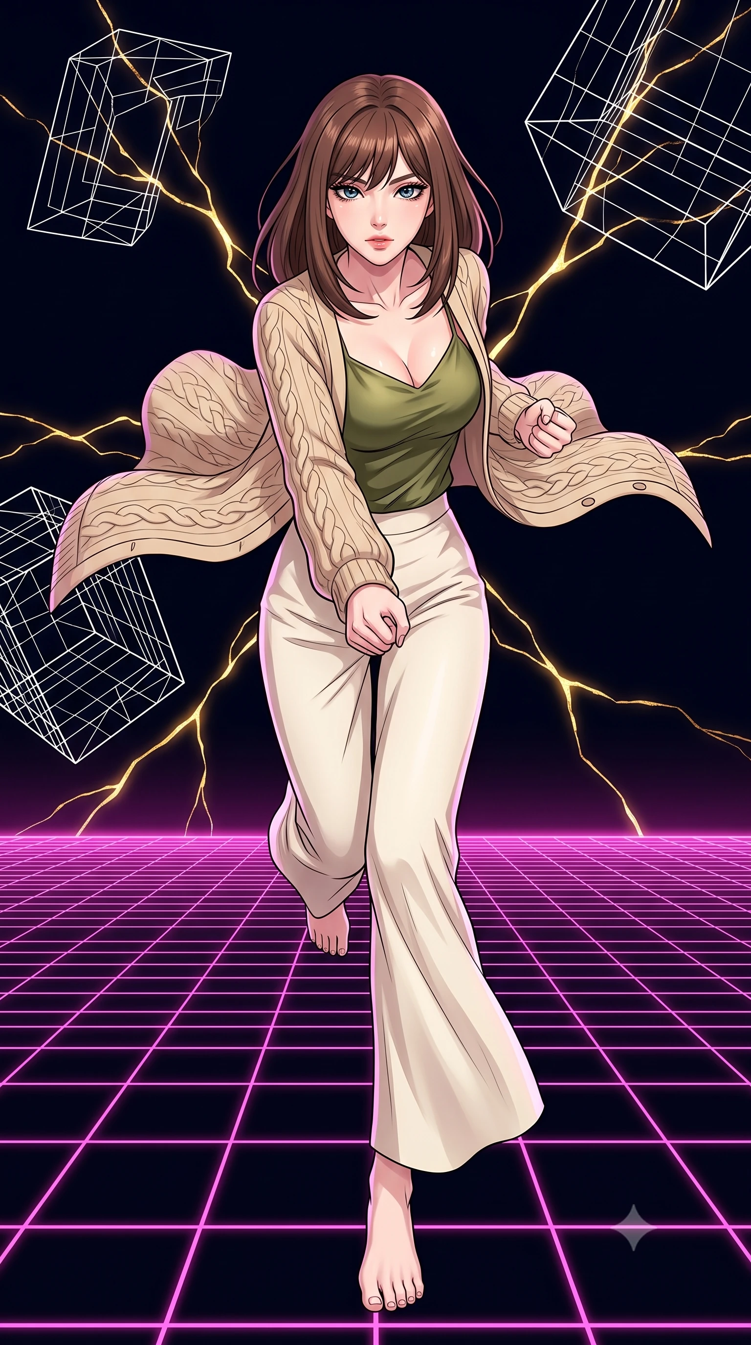 score_9, masterpiece, best quality, ultra-detailed, high-budget anime keyframe, clean line-art, cel-shading, Korean woman. low angle full-body shot from head to toe showing her feet, filling the entire 9:16 vertical frame with her statuesque presence, stretching her vertical silhouette. lunging forward with a piercing thrust, her entire silhouette stretched in action through an endless dark void where a single neon-pink digital grid stretches to the horizon, white wireframe structures floating. She has a statuesque 8.5-heads proportion, an exceptionally tall, slender and willowy model-like build with impossibly long legs and a highly sculpted ultra-slim waist. sharp v-shaped jawline, high-bridge nose, intricate jewel-like eyes with depth, thick eyelashes, glossy lips with a natural sheen. wearing the lightweight fabric rippling and billowing dramatically with her movement, a slim-fit cozy beige cable-knit cardigan over an olive green silk slip top and cream-colored wide-leg pants. glowing kintsugi gold light radiating from cracks in the environment creating a majestic inner glow. highly saturated vibrant anime colors, intense vivid color palette, volumetric dynamic lighting, 2k, ultra detail, master piece, 9:16 ratio