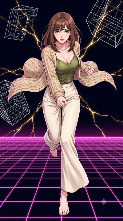 score_9, masterpiece, best quality, ultra-detailed, high-budget anime keyframe, clean line-art, cel-shading, Korean woman. low angle full-body shot from head to toe showing her feet, filling the entire 9:16 vertical frame with her statuesque presence