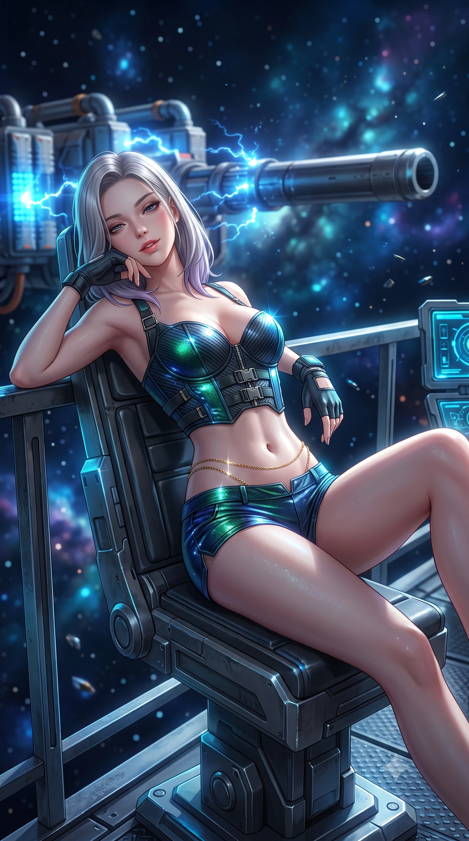 score_9, masterpiece, best quality, ultra-detailed, high-budget anime keyframe, semi-realistic 3D game render, editorial fashion photography, tasteful artistic composition, Caucasian woman. close-up cowboy shot from the waist and thighs up, the character dominates the composition, filling the frame with her large presence. leaning back against the balustrade with relaxed seductive grace, head tilted back slightly while casting a hypnotic, heavy-lidded gaze while lounging gracefully across the tactical gunner seat propped on one elbow with legs extended, displaying her long slender limbs and statuesque hourglass silhouette with regal anime flair. The background shows a soft-focus massive railgun barrel stretching into the starry void, crackling blue plasma sparks from capacitor banks, and distant glowing nebula clouds blurred into sapphire, cyan, and amethyst bokeh. She has an exceptionally elegant, slender, and willowy female figure with an ultra-slim waist, flat toned midriff, narrow ribcage, and sculpted feminine hips creating an alluring, slim hourglass silhouette without bulk. sharp v-shaped jawline, high-bridge nose, intricate jewel-like sparkling eyes with depth, thick eyelashes, glossy parted lips with a natural peach sheen, bright cheerful beaming smile with an enchanting and coquettish sensual glint, exuding both youthful cute charm and seductive allure, flawlessly proportioned anatomical accuracy, strict slender model proportions, natural body alignment, perfectly sculpted long slender limbs, ultra-slim waistline, clean dynamic posture without body distortion. wearing a sculpted carbon-fiber underwire crop corset with tactical buckle straps paired with low-rise micro shorts in bioluminescent emerald and abyssal sapphire, woven from stretch metallic lurex jersey casting radiant starlight glints across her curves, accented with a dainty gold belly chain resting across her flat midriff and curving hips, the form-contouring silhouette accentuating her sculpted flat midriff, narrow delicate ribcage, and gracefully curvy hips with intoxicating allure. bathed in cold electric-blue capacitor glow combined with crisp unpolluted starlight. highly saturated vibrant anime colors, detailed shading with soft gradients, rich glossy textures, high-contrast stereoscopic depth, volumetric dynamic lighting, master piece, 9:16 ratio