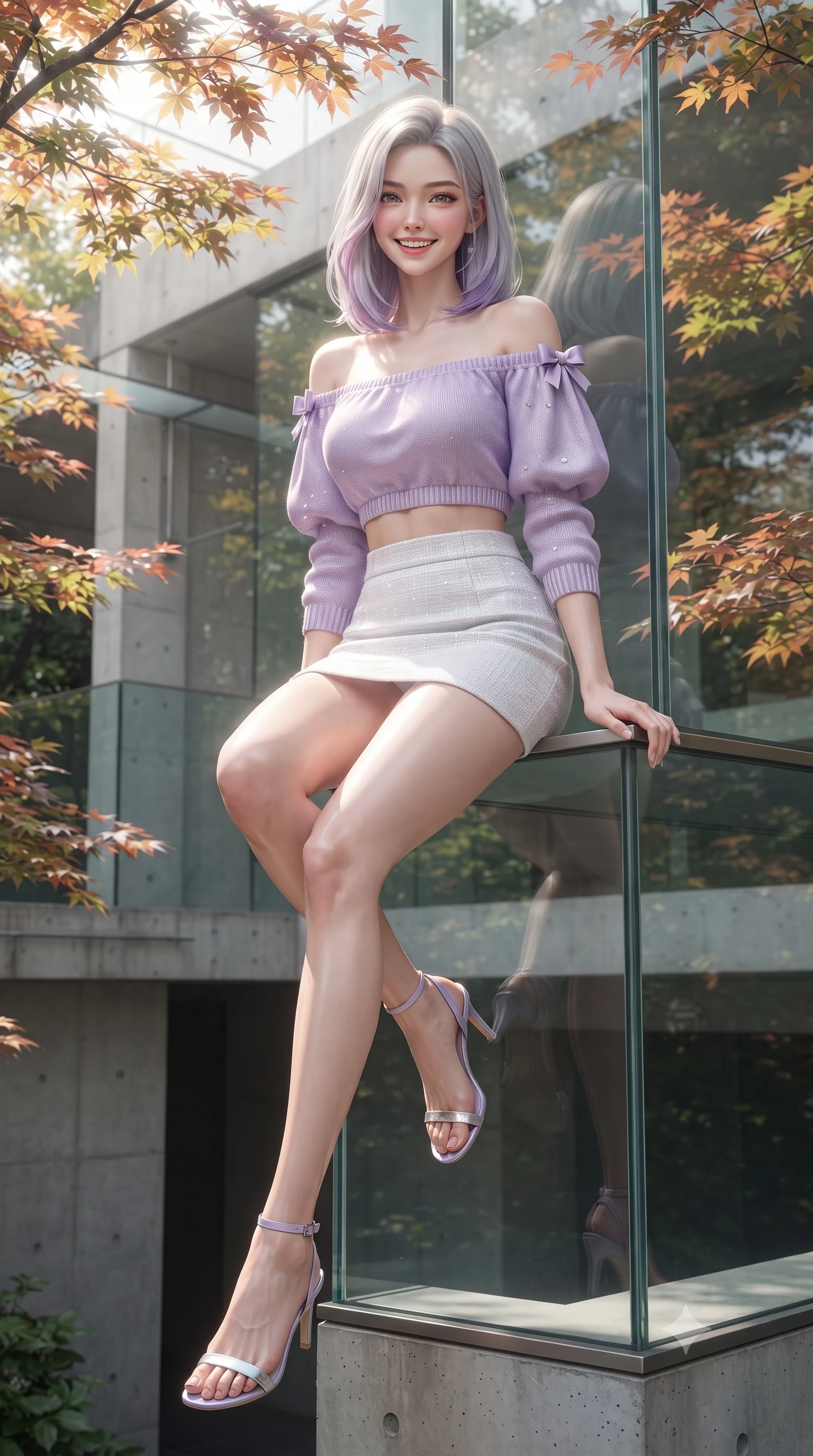 score_9, masterpiece, best quality, ultra-detailed, high-budget anime keyframe, editorial fashion photography, tasteful artistic composition, Caucasian woman. low angle full-body shot from head to toe showing her feet, filling the entire 9:16 vertical frame with her statuesque presence, stretching her vertical silhouette. sitting perched on the elevated edge with legs crossed and hips angled toward the camera, displaying her toned midriff and long slender limbs with a joyful, coquettish smile while leaning against a minimalist glass pavilion wall with hips cocked back, casting an enchanting, playful bedroom-gaze past leafy maple branches. The surrounding environment is rendered in vivid detail and crisp panoramic clarity. detailed knit cardigan texture, soft sunlight highlights on skin, and Daikanyama architecture clarity in high resolution. She has an exceptionally tall and slender model-like 8.5-heads proportion, an ultra-slim waist, a flat toned midriff, narrow delicate ribcage, and beautifully sculpted feminine hips creating a graceful, slim hourglass silhouette without any bulky heaviness, with impossibly long slender legs. sharp v-shaped jawline, high-bridge nose, intricate jewel-like sparkling eyes with depth, thick eyelashes, glossy parted lips with a natural peach sheen, bright cheerful beaming smile with an enchanting and coquettish sensual glint, exuding both youthful cute charm and seductive allure, flawlessly proportioned anatomical accuracy, strict slender model proportions, natural body alignment, perfectly sculpted long slender limbs, ultra-slim waistline, clean dynamic posture without body distortion. wearing an off-shoulder puff-sleeve crop blouse with a tight high-waisted denim A-line mini skirt emphasizing her curvy hips in delicate lavender violet and pearlescent white, tailored from soft pastel tweed with subtle metallic shimmer, finished with cute satin bow ribbons tying at the shoulders, the glove-like silhouette tightly following the natural contour of her hips and long slender legs with youthful 8.5-heads elegance. bathed in soft, dappled morning sunlight filtering through Japanese maple leaves. ultra-reflective glossy finish, specular highlights, rich textural contrasts, high-contrast stereoscopic depth, volumetric dynamic lighting, 2k, ultra detail, master piece, 9:16 ratio