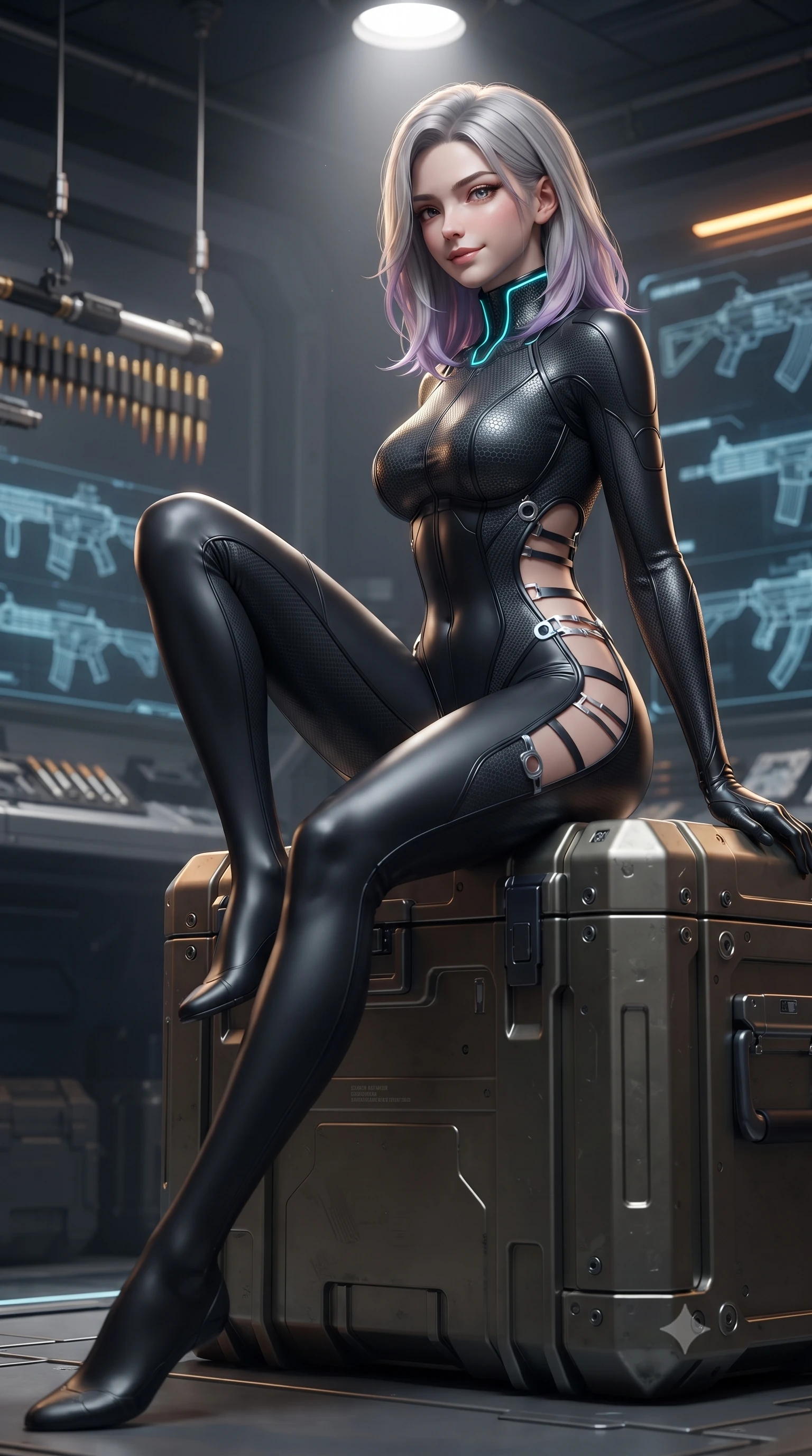 score_9, masterpiece, best quality, ultra-detailed, high-budget anime keyframe, editorial fashion photography, tasteful artistic composition, Caucasian woman. low angle full-body shot from head to toe showing her feet, filling the entire 9:16 vertical frame with her statuesque presence, stretching her vertical silhouette. walking slowly along the transparent glass skybridge, looking back over her shoulder with an air of effortless grace and an alluring, smoldering smile while sitting perched on an armored ammunition crate with one knee drawn up, her sleek tactical combat suit radiating powerful sensual charisma. The background shows a soft-focus suspended ammunition loading arms and holographic weapon schematics softened in tactical armory shallow focus. She has an absolutely perfect, statuesque 8.5-heads proportion, an exceptionally tall and slender model-like female figure with impossibly long slender legs, an ultra-slim waist, a flat toned midriff, narrow delicate ribcage, and beautifully sculpted feminine hips creating a graceful, slim hourglass silhouette without any bulky heaviness. sharp v-shaped jawline, high-bridge nose, intricate jewel-like sparkling eyes with depth, thick eyelashes, glossy parted lips with a natural sheen, bright confident smile with an enchanting and coquettish sensual glint, exuding both youthful magnetic charm and sovereign high-tech allure, flawlessly proportioned anatomical accuracy, strict slender model proportions, natural body alignment, perfectly sculpted long slender limbs, ultra-slim waistline, clean dynamic posture without body distortion. wearing a form-contouring cybernetic combat suit in matte black latex and carbon fiber, tracing her willowy silhouette with a high neck in matte obsidian black and glowing neon cyan trim, woven from delicate semi-opaque high-tensile nano-mesh with intricate hexagonal micro-patterns, finished with sharp laser-cut side ventilation slits framed by silver hardware rings, the liquid-tight tailored fabric clinging flawlessly to her narrow waist and rounded feminine hips, emphasizing every millimeter of her sculpted slim hourglass curves without any bulky heaviness. illuminated by focused overhead spotlighting and sharp amber rim lights defining her slim torso, narrow waist, and curvy hips. ultra-reflective glossy finish, specular highlights, rich textural contrasts, high-contrast stereoscopic depth, volumetric dynamic lighting, 2k, ultra detail, master piece, 9:16 ratio