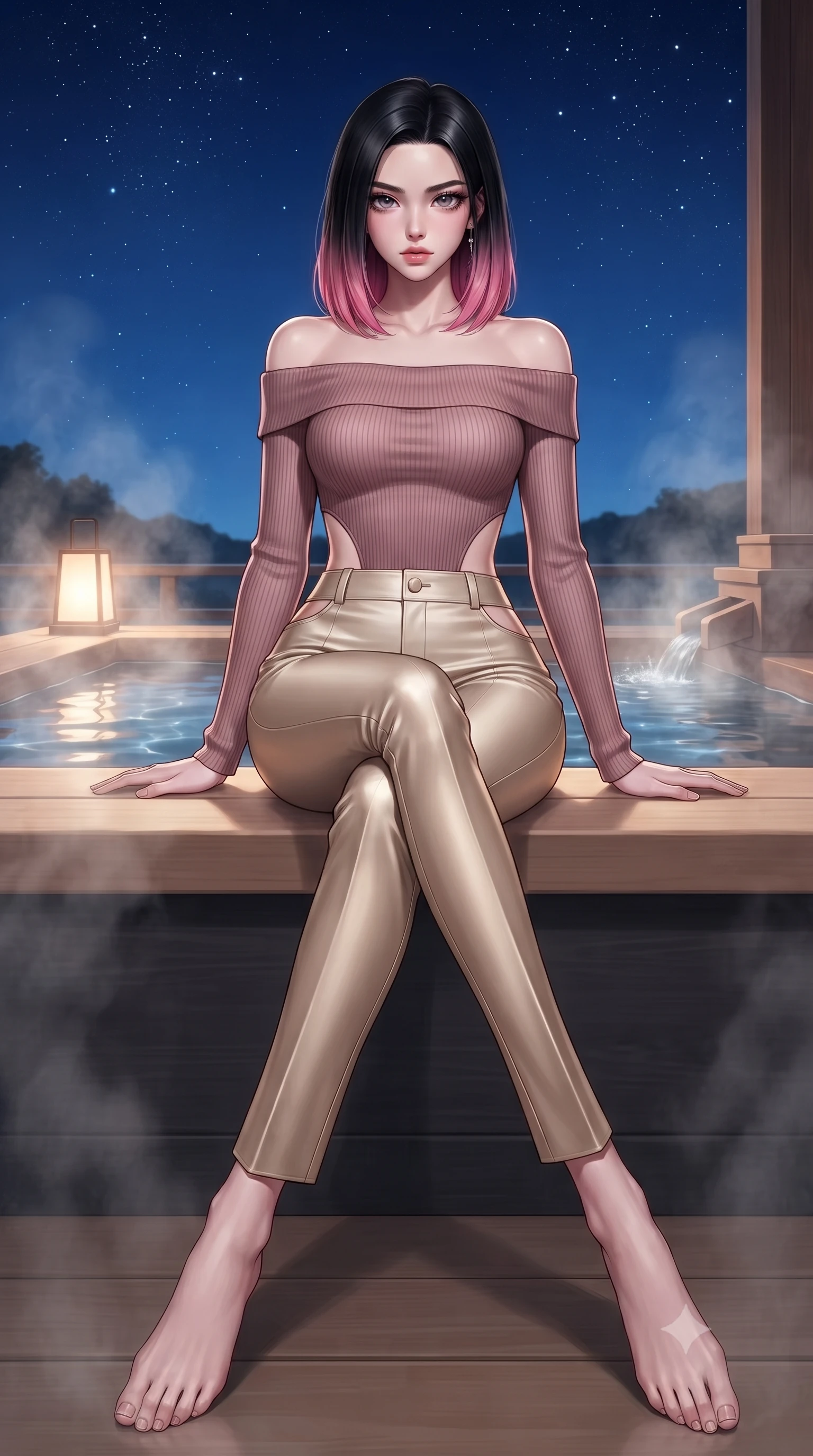 score_9, masterpiece, best quality, ultra-detailed, high-budget anime keyframe, editorial fashion photography, tasteful artistic composition, Korean woman. low angle full-body shot from head to toe showing her feet, filling the entire 9:16 vertical frame with her statuesque presence, stretching her vertical silhouette. forging dynamically through the scene, her vertical silhouette beautifully stretched sitting gracefully on a smooth hinoki wood platform beside a steaming outdoor thermal bath, water ripples glistening under a clear starry night sky. She has an absolutely perfect, statuesque 8.5-heads proportion, an exceptionally tall and slender model-like female figure with impossibly long slender legs and an ultra-slim waist. sharp v-shaped jawline, high-bridge nose, intricate jewel-like eyes with depth, thick eyelashes, glossy lips with a natural sheen. wearing a sleek off-shoulder ribbed knit top paired with high-waist tailored pants in dusty rose and champagne gold, formed from sleek second-skin neoprene, featuring clean architectural cutouts along her slender torso, the sleek second-skin texture accentuating her magnetic presence. bathed in soft warm lantern light filtered through gentle thermal steam. ultra-reflective glossy finish, specular highlights, metallic sheen, high-contrast stereoscopic depth, volumetric dynamic lighting, 2k, ultra detail, master piece, 9:16 ratio