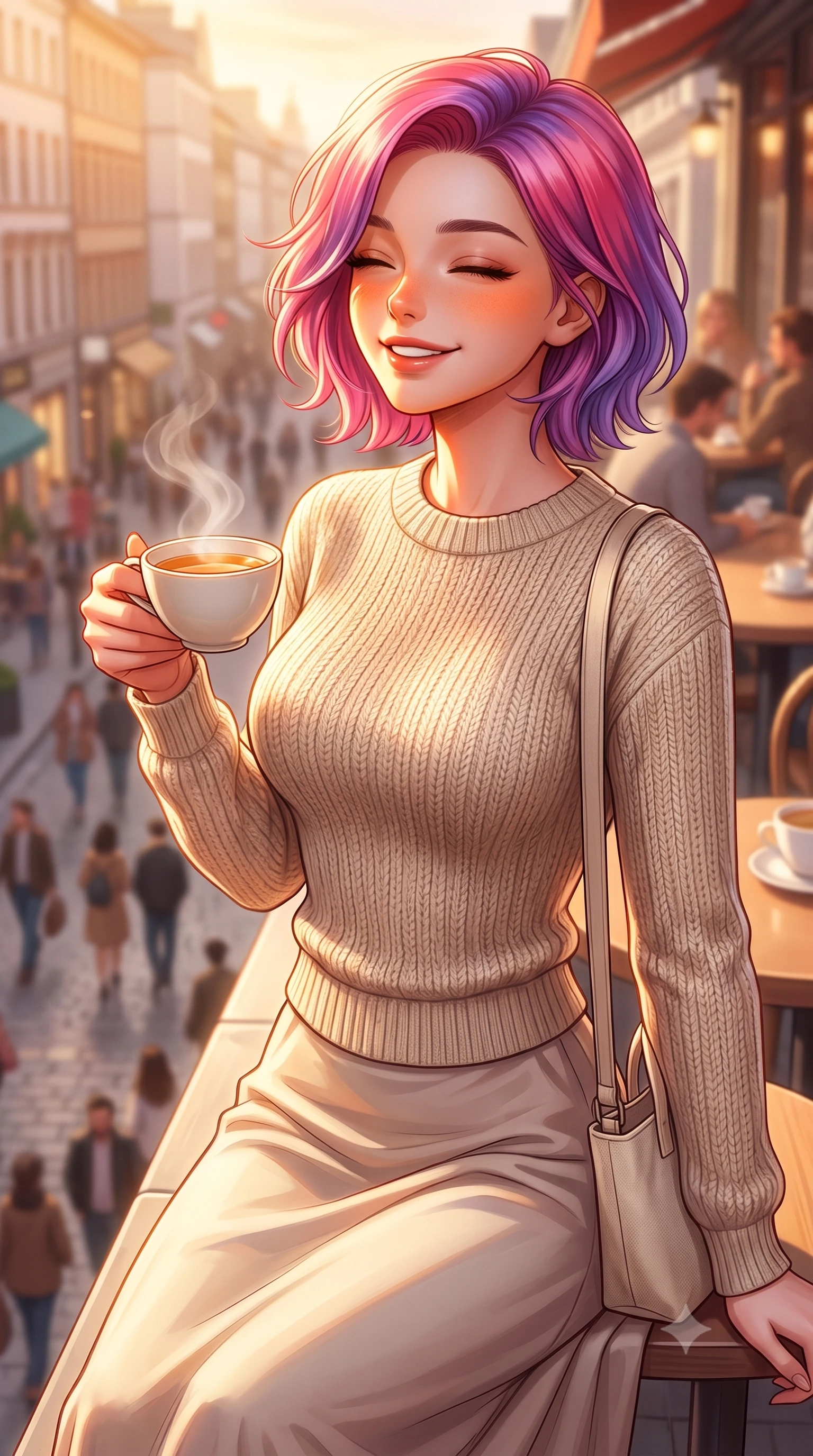 score_9, masterpiece, best quality, ultra-detailed, high-budget anime keyframe, editorial fashion photography, tasteful artistic composition, Caucasian woman. close-up cowboy shot from the waist and thighs up, the character dominates the composition, filling the frame with her large presence, background elements kept in soft focus. smiling happily with closed eyes, enjoying the warm sunbeams on her face set against a soft-focus background of on a rooftop cafe terrace overlooking a busy pedestrian street below holding a delicate ceramic cup of herbal tea with steam rising gently. She has an exceptionally elegant, slender, and willowy female figure with an ultra-slim waist, a gracefully sculpted slender torso, and a refined silhouette. sharp v-shaped jawline, high-bridge nose, intricate jewel-like eyes with depth, thick eyelashes, glossy lips with a natural sheen. wearing body-hugging cozy oatmeal knit sweater paired with a long cotton skirt and a small canvas tote bag. golden hour sunset rays painting the cozy interior in a warm orange wash. highly saturated vibrant anime colors, detailed shading with soft gradients, rich glossy textures, high-contrast stereoscopic depth, volumetric dynamic lighting, master piece, 9:16 ratio