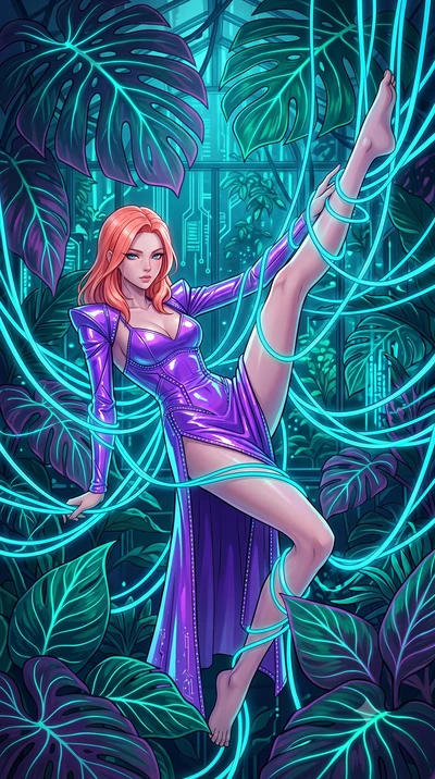score_9, masterpiece, best quality, ultra-detailed, High-budget Anime Keyframe, East Asian woman. Dynamic full-body shot stretching the vertical silhouette to the limit. Scenario 512: tangled in a web of glowing cyan fiber-optic cables inside a cyber