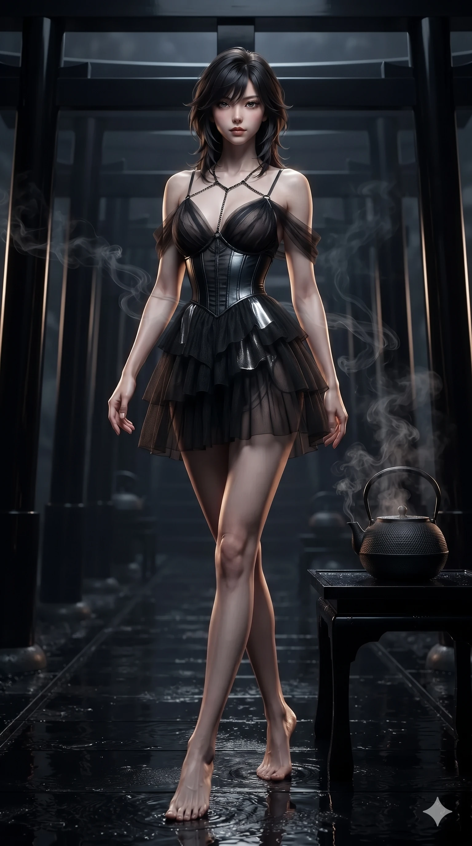 score_9, masterpiece, best quality, ultra-detailed, high-budget anime keyframe, editorial fashion photography, tasteful artistic composition, Korean woman. low angle full-body shot from head to toe showing her feet, filling the entire 9:16 vertical frame with her statuesque presence, stretching her vertical silhouette. walking through the endless corridor of black lacquer Torii gates at midnight with hypnotic feline grace while twisting her slender torso in an alluring S-curve beside the steaming cast-iron tetsubin kettle, fragrant black incense smoke drifting past her curves. The background shows a soft-focus drifting white incense smoke tendrils, cast-iron tea kettles, and black cedar lattice screens blurred into charcoal, silver, and ink-black bokeh. She has an absolutely perfect, statuesque 8.5-heads proportion, an exceptionally tall and slender model-like female figure with impossibly long slender legs, an ultra-slim waist, a flat toned midriff, narrow delicate ribcage, and beautifully sculpted feminine hips creating a graceful, slim hourglass silhouette without any bulky heaviness. sharp v-shaped jawline, high-bridge nose, intricate jewel-like dark sparkling eyes with hypnotic seductive depth, thick curled eyelashes, glossy parted lips with a natural wine sheen, alluring bedroom-eyes with an enigmatic smoldering smile, exuding magnetic sovereign charisma and dark avant-garde glamour, flawlessly proportioned anatomical accuracy, strict slender model proportions, natural body alignment, perfectly sculpted long slender limbs, ultra-slim waistline, clean dynamic posture without body distortion. wearing a tiered semi-sheer black tulle and silk slip dress with an ultra-slim corseted waist and bare shoulders in metallic liquid silver and pitch black, tailored from smooth liquid silk satin that clings smoothly to her narrow waist and rounded hips with a dewy sheen, accented with a dark metallic body chain harness subtly framing her dewy collarbones and spine, accentuating her gracefully sculpted slender torso and statuesque proportions. illuminated by black lacquer table surface bounce and sharp warm-gold rim lights sculpting her razor-sharp jawline, narrow waist, and curvy hips. ultra-reflective glossy finish, specular highlights, metallic sheen, high-contrast stereoscopic depth, volumetric dynamic lighting, 2k, ultra detail, master piece, 9:16 ratio