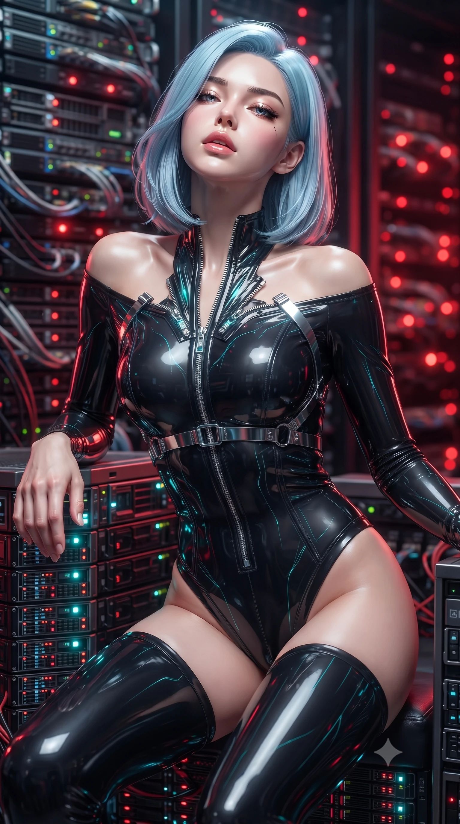 score_9, masterpiece, best quality, ultra-detailed, high-budget anime keyframe, editorial fashion photography, tasteful artistic composition, Korean woman. close-up cowboy shot from the waist and thighs up, the character dominates the composition, filling the frame with her large presence. tilting her head back with a sensual alluring expression, exposing her throat and shoulders to the camera with heavy lashes and softly parted glossy lips while leaning forward on a throne of server racks with a dangerous smolder resting her elbow on her knee. The composition keeps background elements in soft focus with creamy bokeh. pulsating crimson circuit tracks and server arrays blurred into intense, glowing red bokeh. She has an exceptionally elegant, slender, and willowy female figure with an ultra-slim waist, a gracefully sculpted slender torso, and a refined silhouette. sharp v-shaped jawline, high-bridge nose, intricate jewel-like eyes with depth, thick eyelashes, glossy lips with a natural sheen, flawlessly proportioned anatomical accuracy, natural body alignment, perfectly sculpted elegant limbs, clean dynamic posture without body distortion. wearing a glossy black second-skin latex bodysuit with high-thigh cuts, exposed clavicle neckline, and gleaming zipper details in liquid mercury silver and glowing electric cyan, tailored from semi-translucent cybernetic vinyl with glowing micro-filaments, reinforced by a sleek metallic chrome harness and delicate glowing micro-straps, the liquid-tight fabric adhering flawlessly to her sculpted torso and slender silhouette. surrounded by a powerful, commanding, and fiercely sensual cybernetic aura. ultra-reflective glossy finish, specular highlights, metallic sheen, high-contrast stereoscopic depth, volumetric dynamic lighting, 2k, ultra detail, master piece, 9:16 ratio