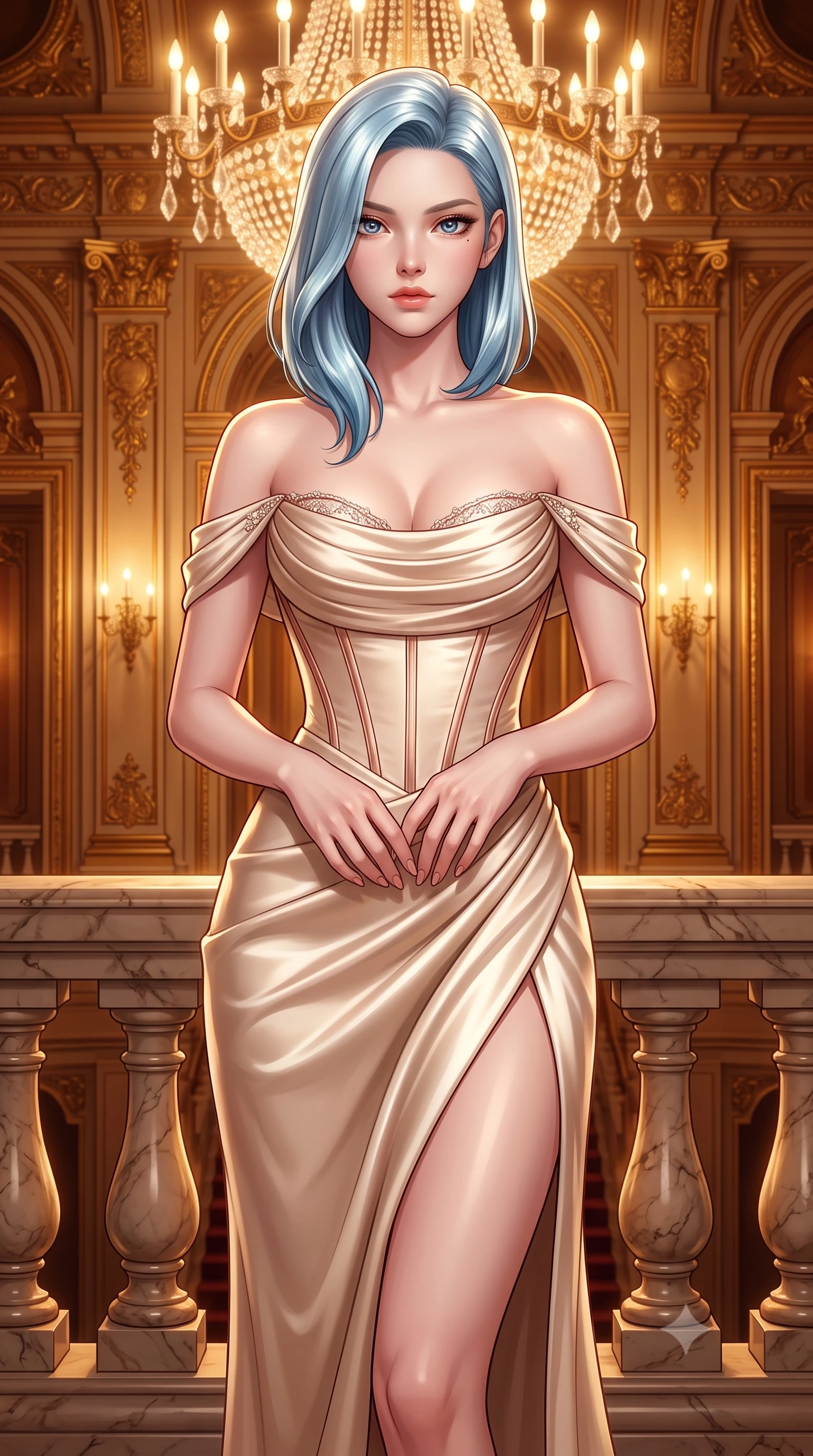 score_9, masterpiece, best quality, ultra-detailed, high-budget anime keyframe, semi-realistic 3D game render, editorial fashion photography, tasteful artistic composition, Korean woman. close-up cowboy shot from the waist and thighs up, the character dominates the composition, filling the frame with her large presence. holding her hands loosely in front with regal, aristocratic poise, radiating an overwhelming high-society aura while arching her spine in a fluid, regal posture while casting a mesmerizing, sovereign gaze into the lens. The surrounding environment is rendered in vivid detail and crisp panoramic clarity. intricate gold-leaf rococo carvings, sparkling crystal chandelier facets, and polished marble balustrades in sharp focus. She has an exceptionally elegant, slender, and willowy female figure with an ultra-slim waist, a gracefully sculpted slender torso, toned flat midriff, and a refined slim silhouette. sharp v-shaped jawline, high-bridge nose, intricate jewel-like eyes with depth, thick eyelashes, glossy lips with a natural sheen, captivating and magnetic expression, flawlessly proportioned anatomical accuracy, strict slender model proportions, natural body alignment, perfectly sculpted long slender limbs, ultra-slim waistline, clean dynamic posture without body distortion. wearing a statuesque off-shoulder champagne satin gala dress featuring a thigh-high side slit and draped corset bodice in champagne ivory and rose gold, tailored from ultra-smooth duchess satin with a pearlescent sheen, finished with delicate crystal embroidery along the neckline and hem edition #31, the sleek tailored cut tightly hugging her graceful clavicle, narrow waist, and feminine curves with statuesque precision. bathed in opulent golden chandelier illumination and rich ambient amber warmth. highly saturated vibrant anime colors, detailed shading with soft gradients, rich glossy textures, high-contrast stereoscopic depth, volumetric dynamic lighting, master piece, 9:16 ratio