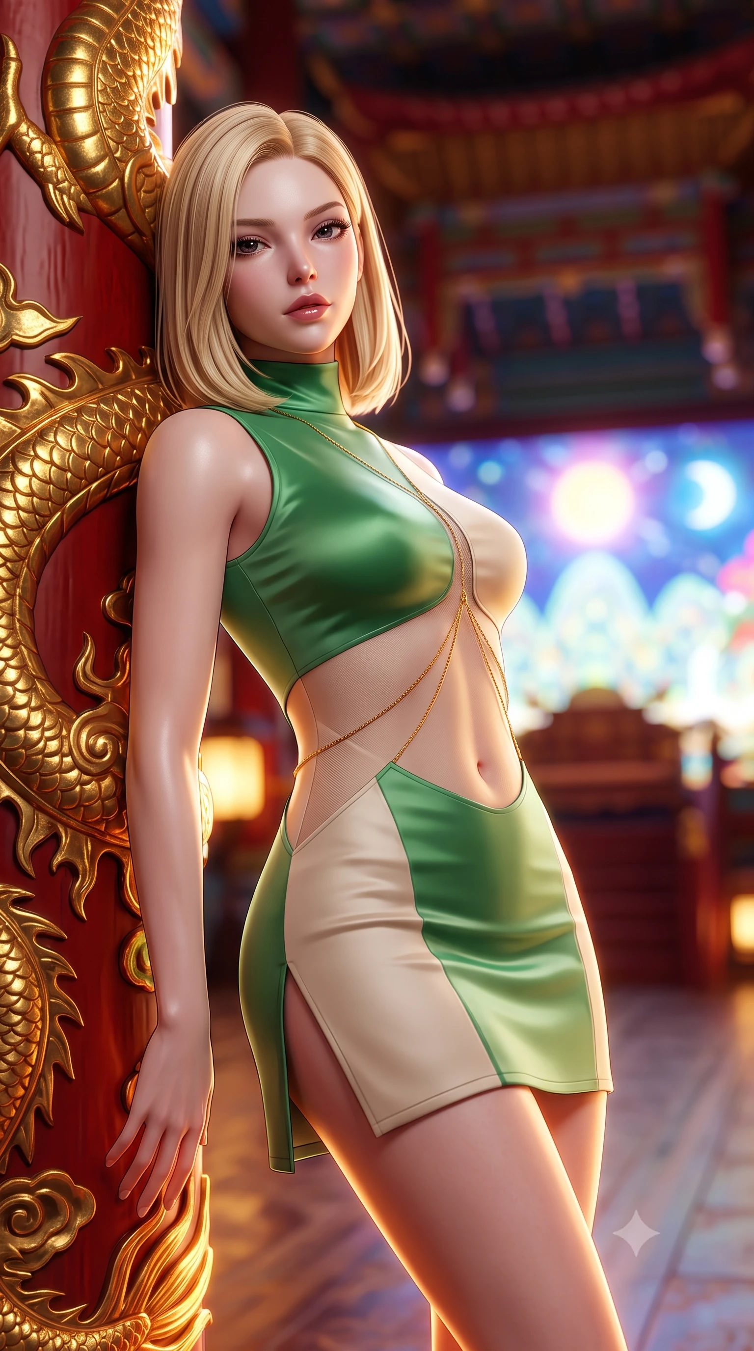 score_9, masterpiece, best quality, ultra-detailed, high-budget anime keyframe, semi-realistic 3D game render, editorial fashion photography, tasteful artistic composition, Korean woman. close-up cowboy shot from the waist and thighs up, the character dominates the composition, filling the frame with her large presence. leaning back against the red lacquer pillar with relaxed seductive grace, her flat midriff and narrow waist highlighted as warm lantern light traces her curves while leaning against an ornate gilded dragon column with hips cocked back, looking into the camera with an intoxicating, commanding bedroom-gaze. The background shows a soft-focus the colossal holographic Sun, Moon, and Five Peaks screen and soaring royal ceiling rafters blurred into imperial crimson, sapphire, and gold bokeh. She has an exceptionally elegant, slender, and willowy female figure with an ultra-slim waist, flat toned midriff, narrow ribcage, and sculpted feminine hips creating an alluring, slim hourglass silhouette without bulk. sharp v-shaped jawline, high-bridge nose, intricate jewel-like dark sparkling almond eyes with depth, thick lashes, glossy parted lips with a natural rose-plum sheen, bright alluring and coquettish smile with bedroom-eyes, exuding both timeless oriental elegance and sovereign high-fashion allure, flawlessly proportioned anatomical accuracy, strict slender model proportions, natural body alignment, perfectly sculpted long slender limbs, ultra-slim waistline, clean dynamic posture without body distortion. wearing a form-contouring sleeveless turtleneck mini dress in liquid silk satin with subtle side hip ties and high slits in fresh bamboo emerald and soft oatmeal cream, made of sheer technical micro-mesh with contouring shadow effects, accented with a delicate gold body chain draping loosely across her flat midriff, the precision-cut side hip slits and low-back scoop framing her graceful spine and the sensual sweep of her slim, toned hips. illuminated by under-floor warm uplighting and sharp platinum rim lights carving her razor-sharp jawline, narrow waist, and curvy hips. highly saturated vibrant anime colors, detailed shading with soft gradients, rich glossy textures, high-contrast stereoscopic depth, volumetric dynamic lighting, master piece, 9:16 ratio