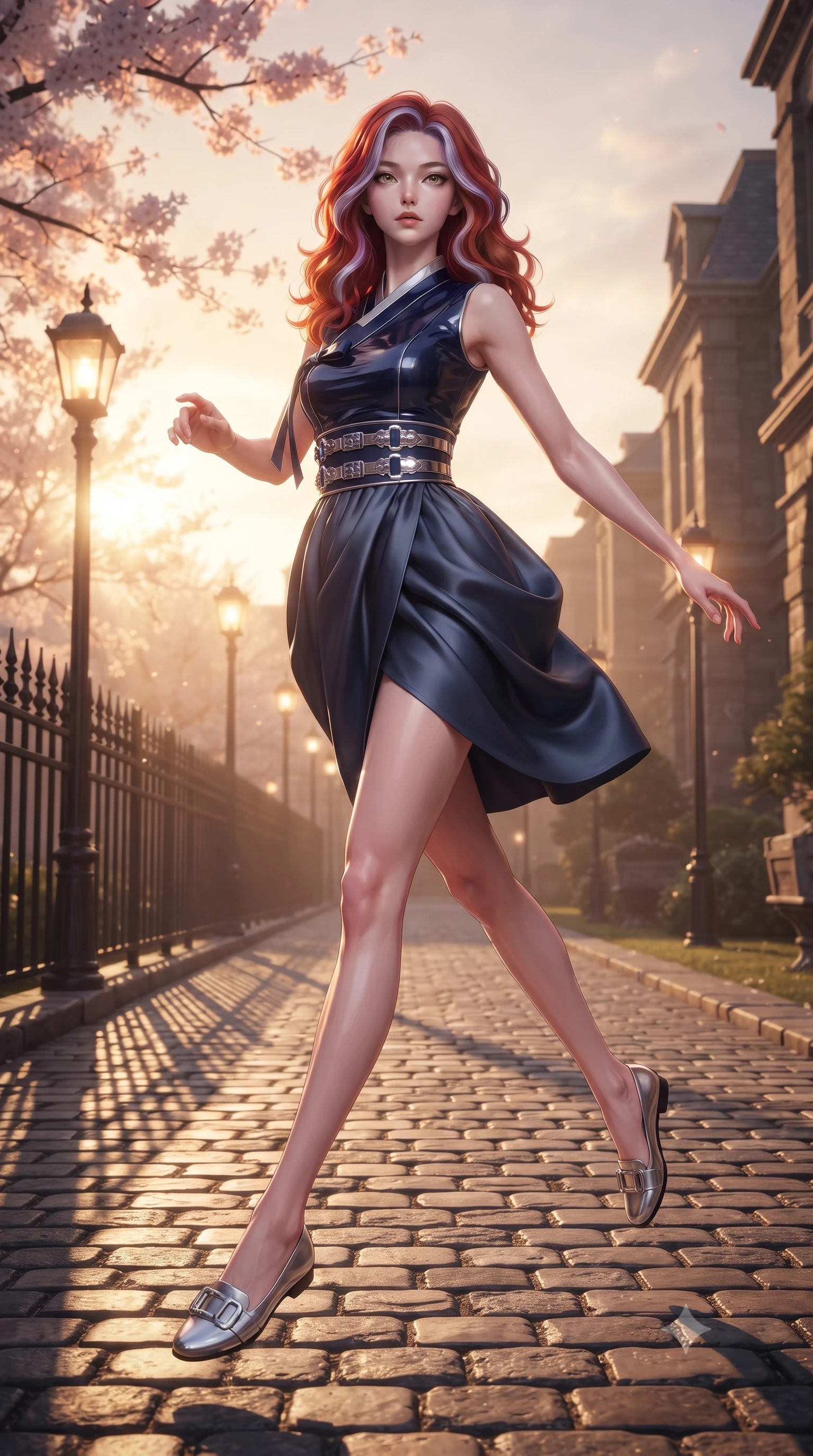score_9, masterpiece, best quality, ultra-detailed, high-budget anime keyframe, editorial fashion photography, tasteful artistic composition, Caucasian woman. low angle full-body shot from head to toe showing her feet, filling the entire 9:16 vertical frame with her statuesque presence, stretching her vertical silhouette. leaping gracefully through the environment with statuesque elegance and long slender legs stepping along a cobblestone academy path flanked by glowing streetlamps, golden hour sunbeams casting dramatic fence grid shadows on the roof deck. She has an absolutely perfect, statuesque 8.5-heads proportion, an exceptionally tall and slender model-like female figure with impossibly long slender legs and an ultra-slim waist. sharp v-shaped jawline, high-bridge nose, intricate jewel-like eyes with depth, thick eyelashes, glossy lips with a natural sheen. wearing a modern fusion silk hanbok dress with a structured bodice in midnight navy blue and chrome trim, tailored from high-gloss patent leather, detailed with polished silver buckles along the waistline, the elegant draped fit framing her graceful clavicle and slender torso. illuminated by soft glowing evening sunbeams filtering through sakura branches. ultra-reflective glossy finish, specular highlights, metallic sheen, high-contrast stereoscopic depth, volumetric dynamic lighting, 2k, ultra detail, master piece, 9:16 ratio